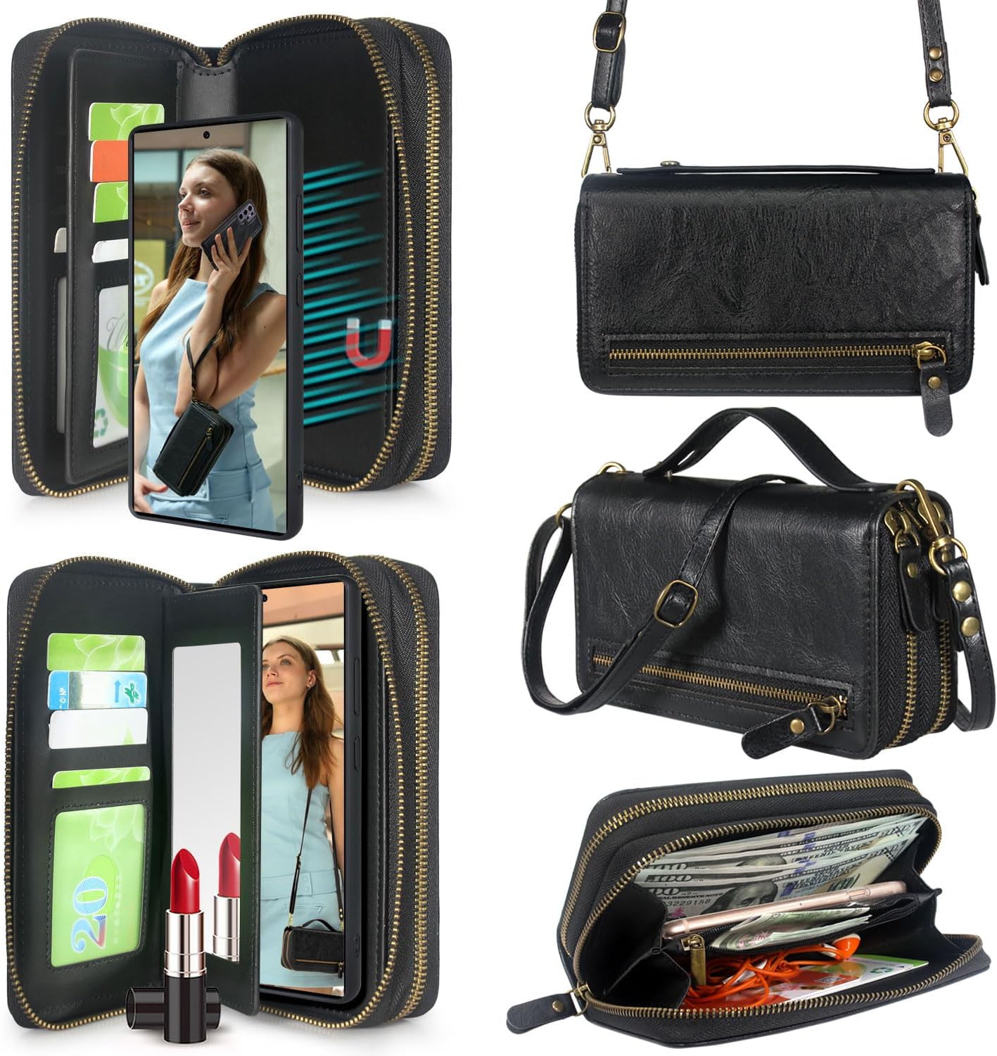 Harryshell Compatible with Samsung Galaxy S25 Ultra Case Wallet Multi Zipper Detachable Removable Cover Purse with Card Slots Holder Mirror Crossbody Wrist Strap for 6.9 inch (Black)