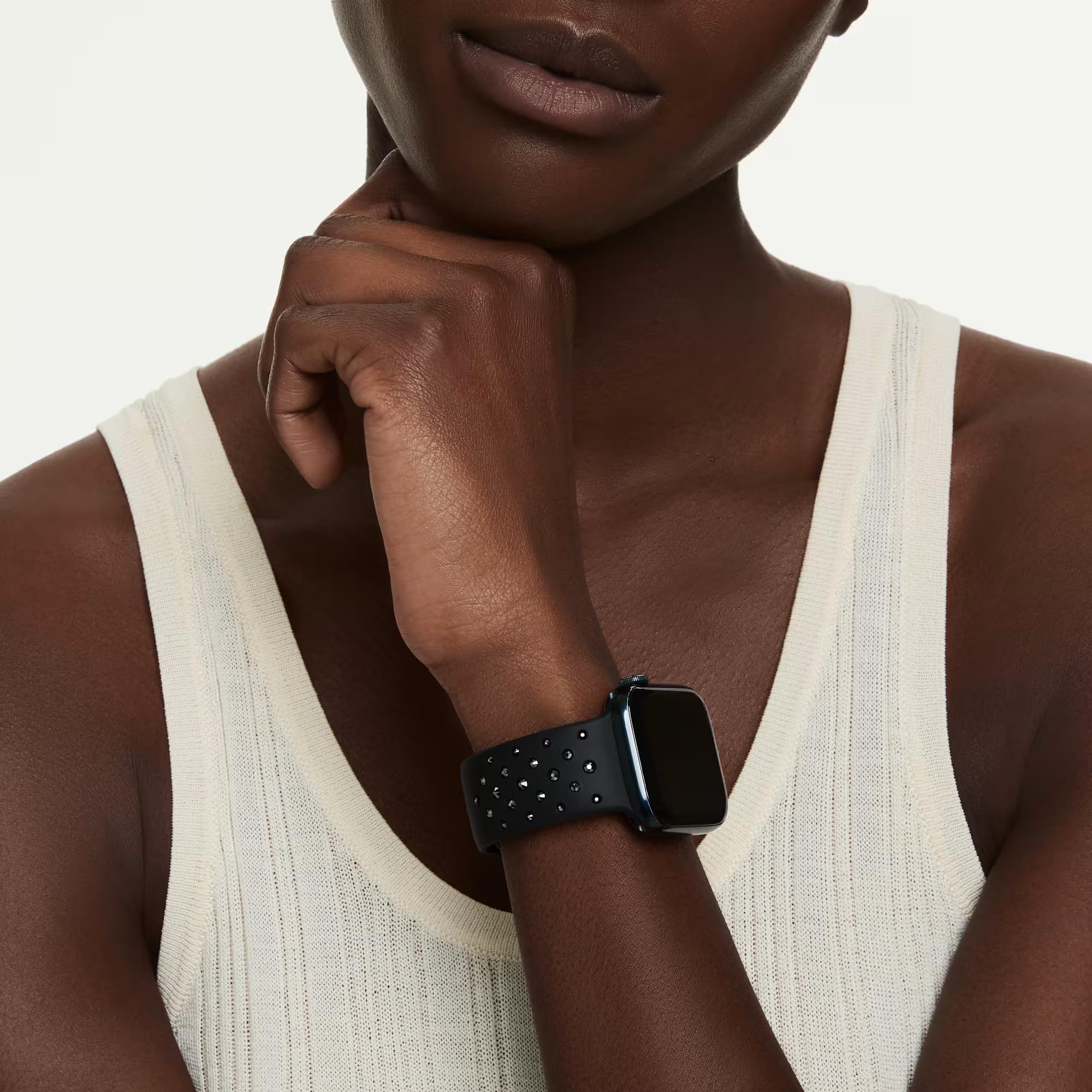Swarovski Bracelet de montre compatible avec Apple Watch, en silicone avec surpiqûres, acier inoxydable (noir)