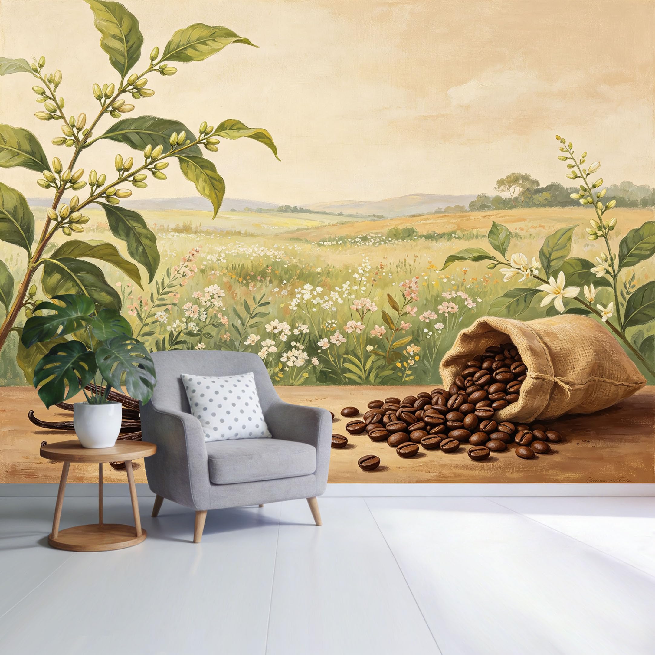 Custom Size Wall Mural Botanical Coffee Beans Vanilla Flower Countryside Landscape Oil Painting Style SelfAdhesive Wall Fabric Removable Wallpaper for Home Office Decor