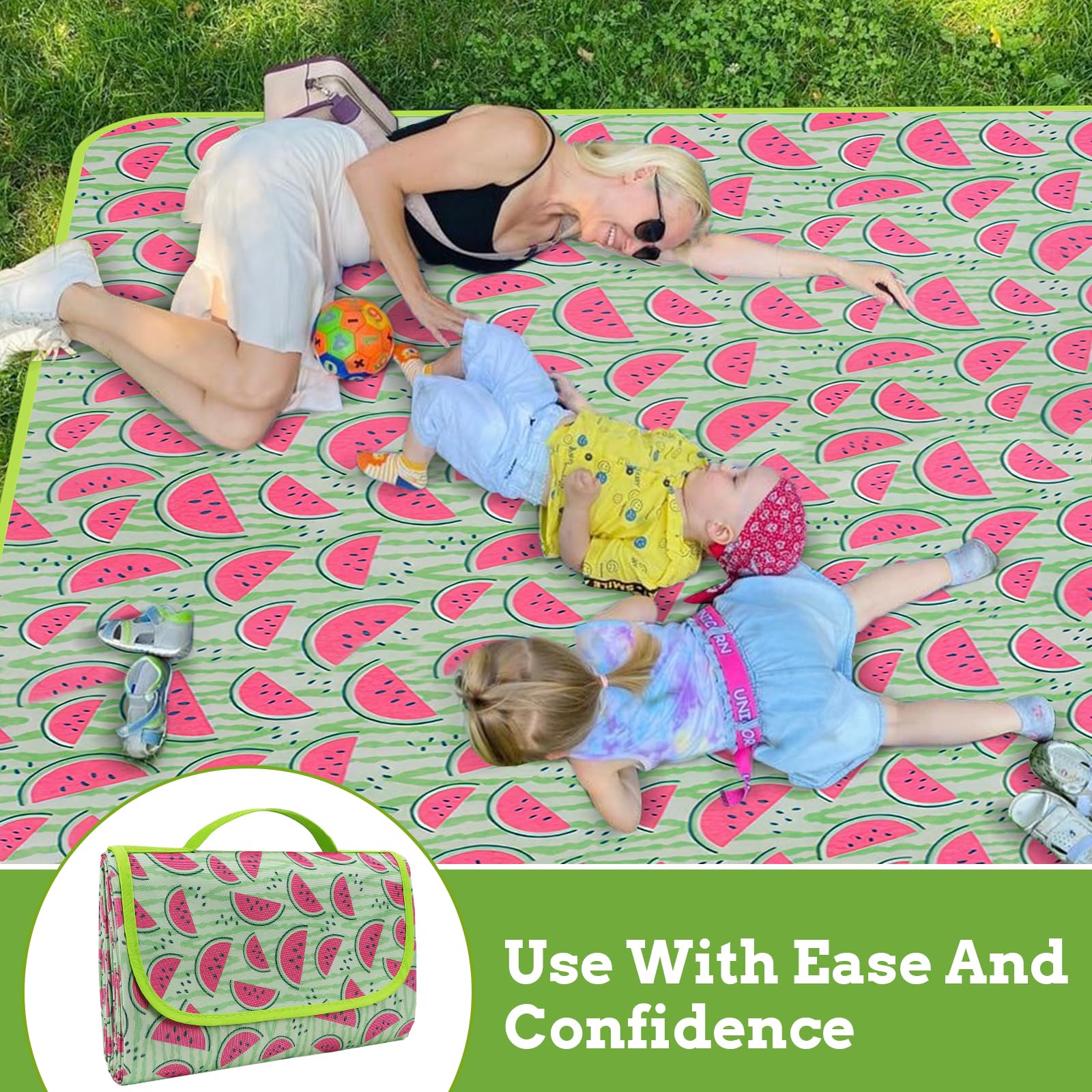Ninonly Manta Picnic Impermeable 200X200cm Manta para Picnic de Camping Grande Tapete de Picnic Plegable con Asa Portátil para Playa, Barbacoa, Viajes, Camping Patrón de Sandía