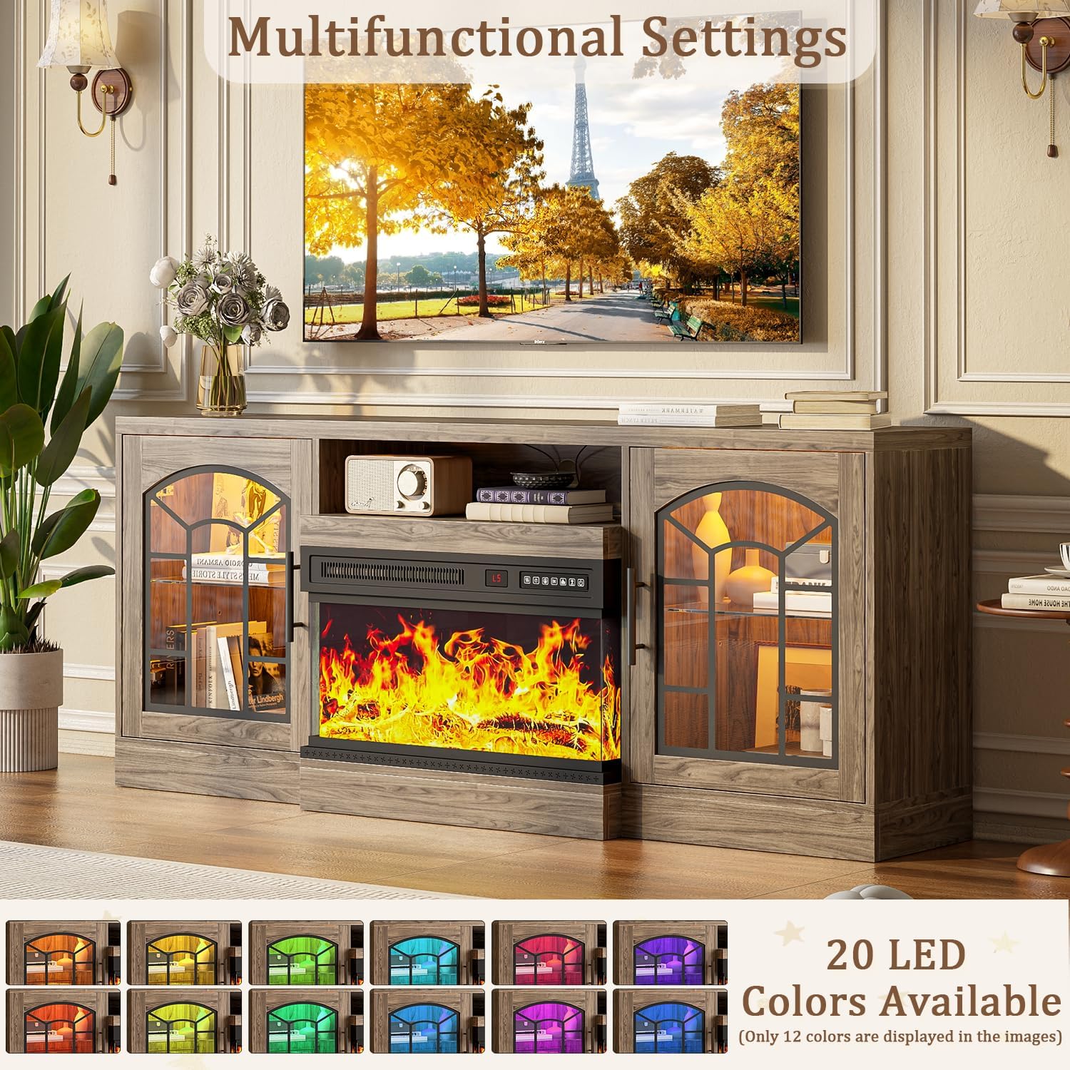 Fireplace with TV Stand 3 Sided Glass Electric Fireplace Up to 70" TVs, 60" Modern Entertainment Center with Adjustable Flame and LED Lights, Wood TV Console with Storage for Living Room, Gray