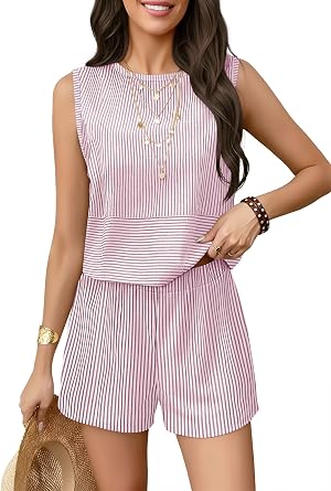 GUNEST 2 Piece Sets for Women Summer Lounge Short Sets Tank Tops Crew Neck Sleeveless and Bottom Matching with Pockets 2026