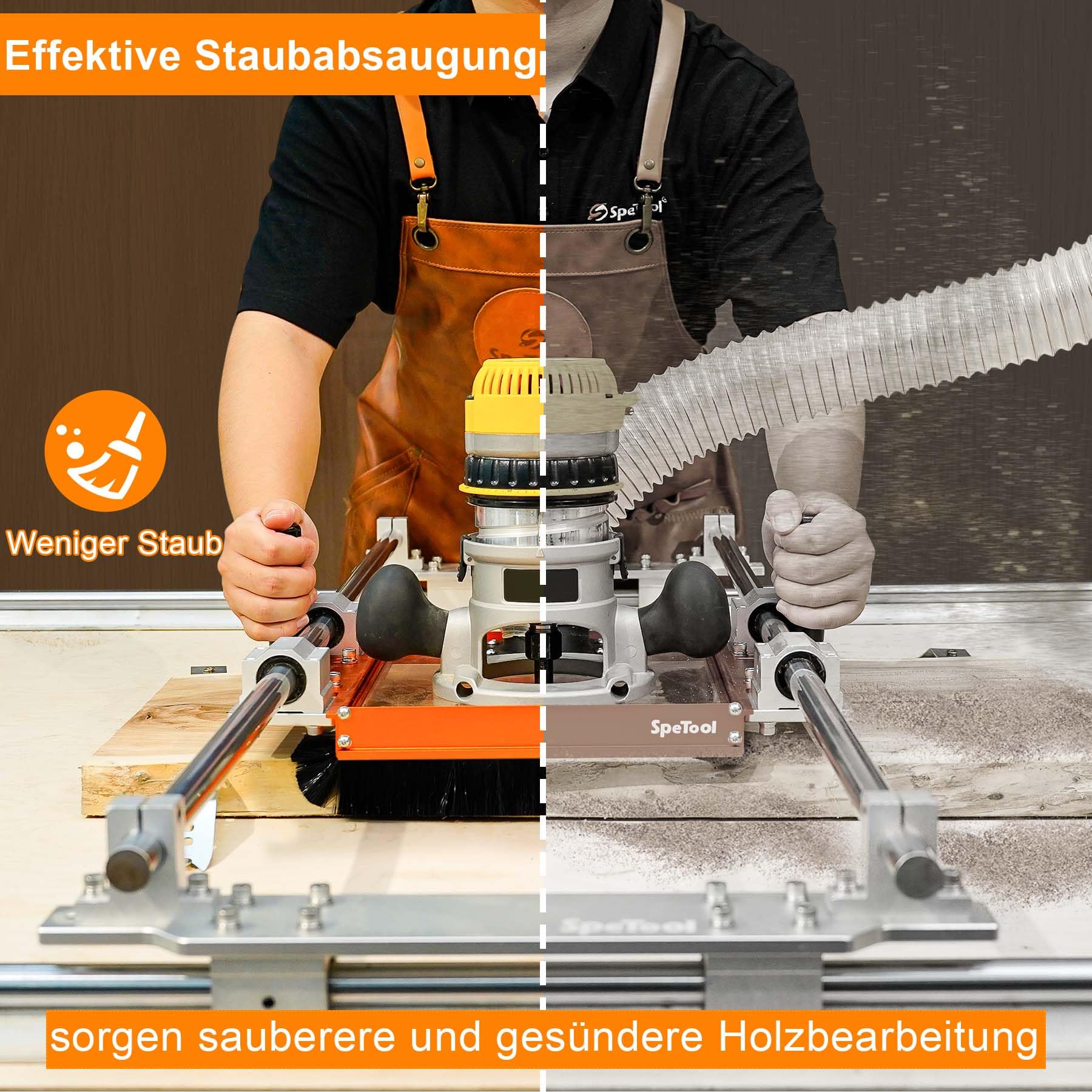 SpeTool Staubabsaugsystem für Linearschienenschlitten mit Gleitadapterplatte für SBR20UU- und SCS20UU-Schienen. 2,5-Zoll-Staubanschluss. Vorgebohrte Acrylplatte für die meisten Oberfräsen.