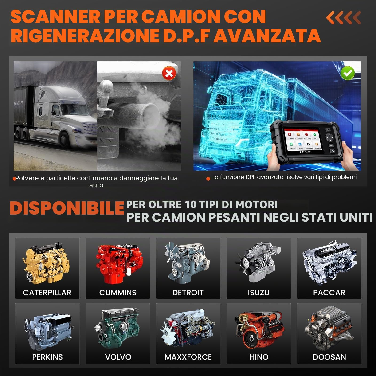 LAUNCH CRP129 HD OBD2 Auto Diagnostica, Diagnostica Completa Per Sistemi dDiesel, 7 Reset, Rigenerazione DPF, Reset Dell'olio, Diagnosi Auto Per Autocarri Pesanti, Pick-up, Trattori Semirimorchi