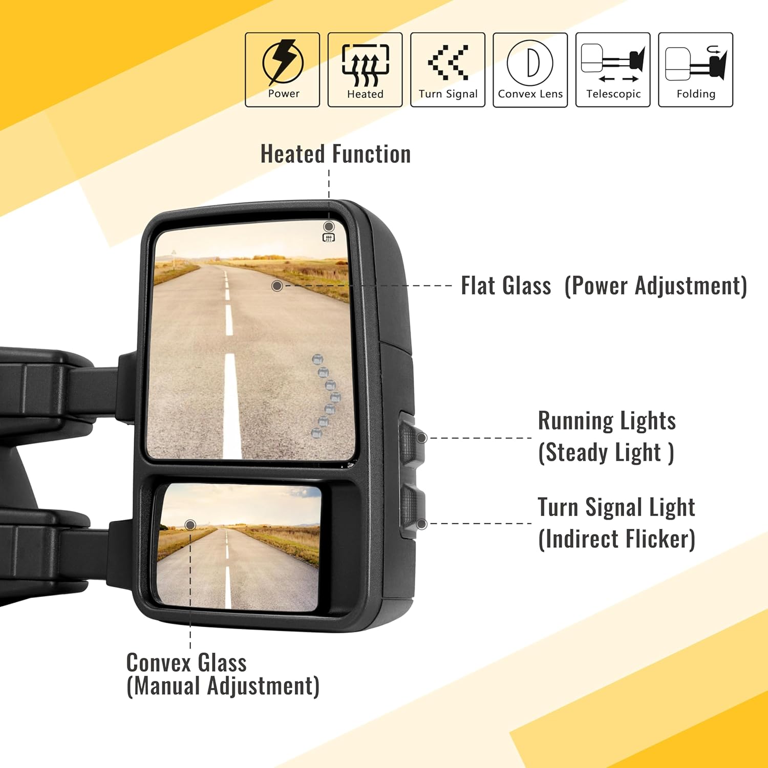 Towing Mirrors for 1999-2016 Ford F250 F350 F450 F550 Super Duty, 2000-2005 Ford Excursion with Power Glass Heated Function Arrow Turn Signal Light Running Lights Pair Set (Smoke Lens)