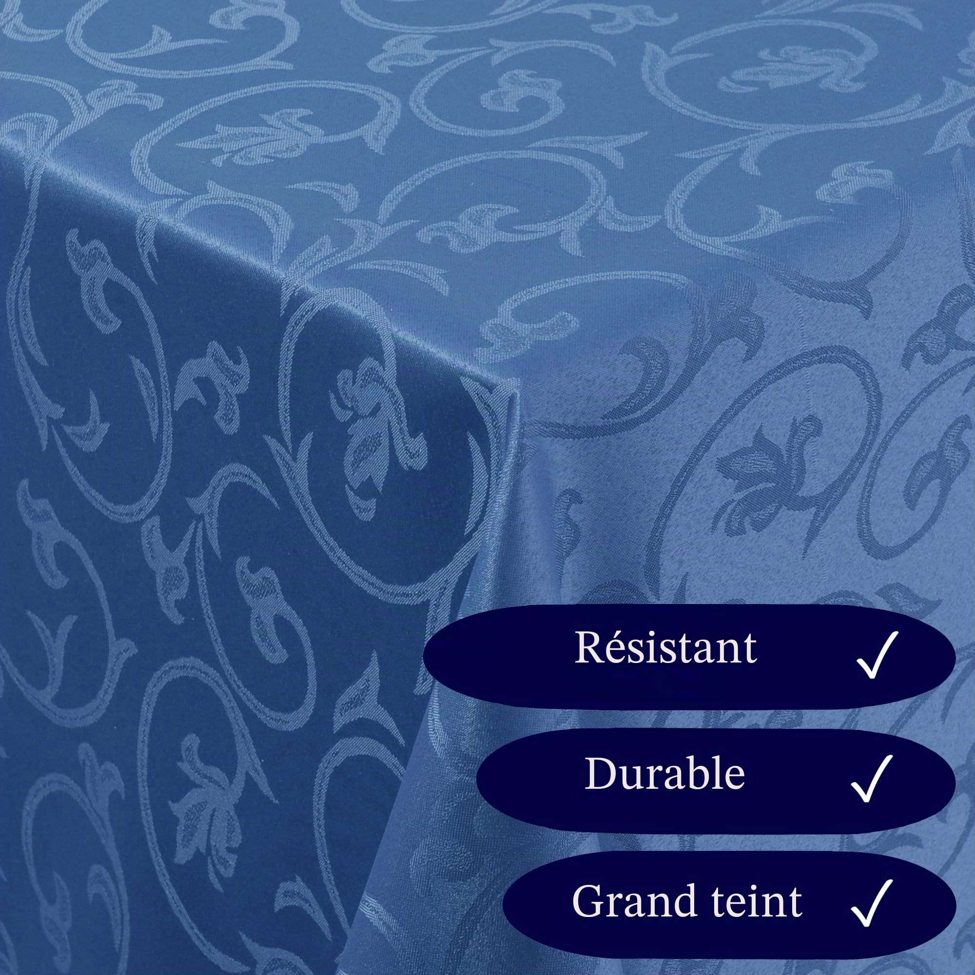 Nappe damassée infroissable style baroque, modèle jacquard, nombreuses tailles & couleurs !, Polyester, Bleu foncé, Rund 220cm