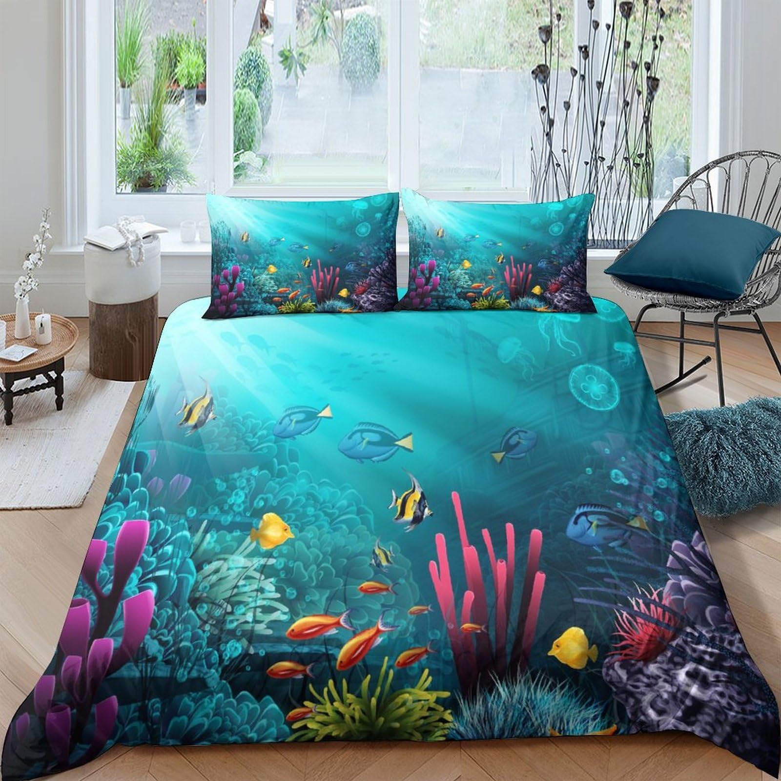 TUFRTGYHN 3D Printed Underwater Ocean Duvet Cover Microfiber Soft Coral Reef Bedding Set with 2 Pillowcases for Bedroom Decor Single（135x200cm）