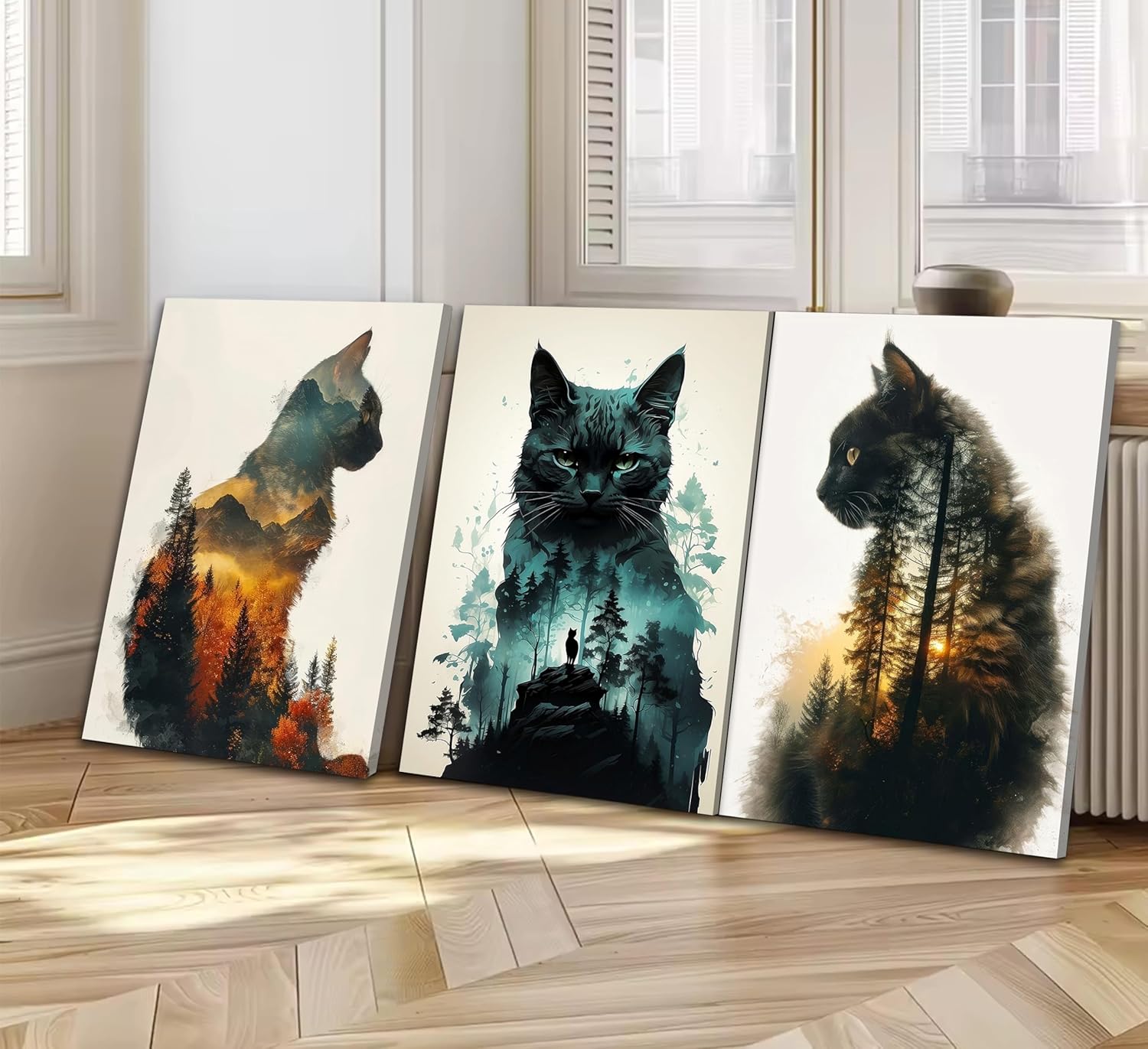 Funny Animals Canvas Wall Art Cute Black Cat and Forest Theme Pictures Wall Decor Abstract Sunset Mountains Nature Landscape Poster Painting Prints Artwork for Living Room Bedroom Bathroom Home Decor