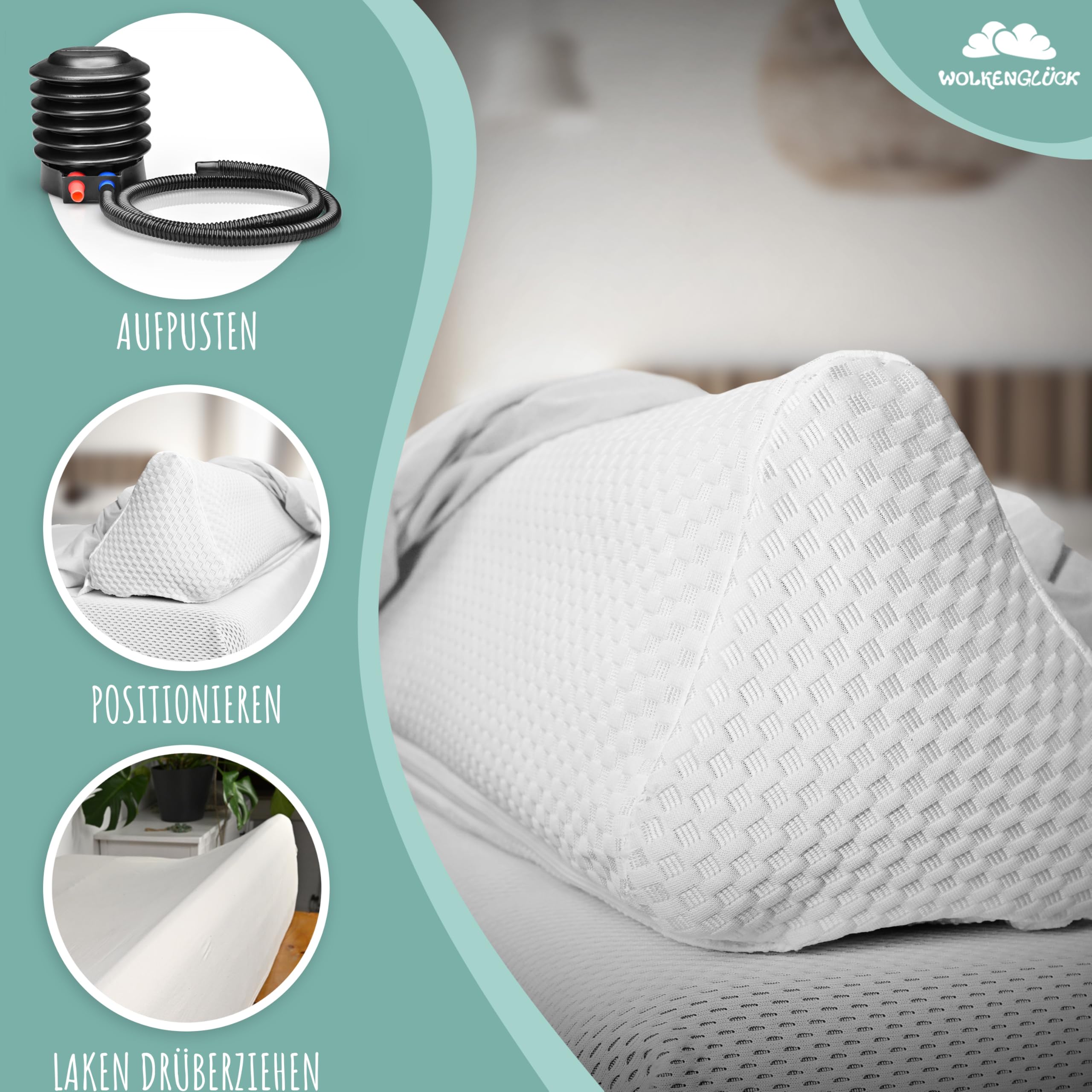 WOLKENGLÜCK® Aufblasbarer Rausfallschutz Bett [150 cm] - Bettkantenschutz für Babys & Kinder - geeignet für alle Betten - inkl. Luftpumpe [ideal für die Reise]