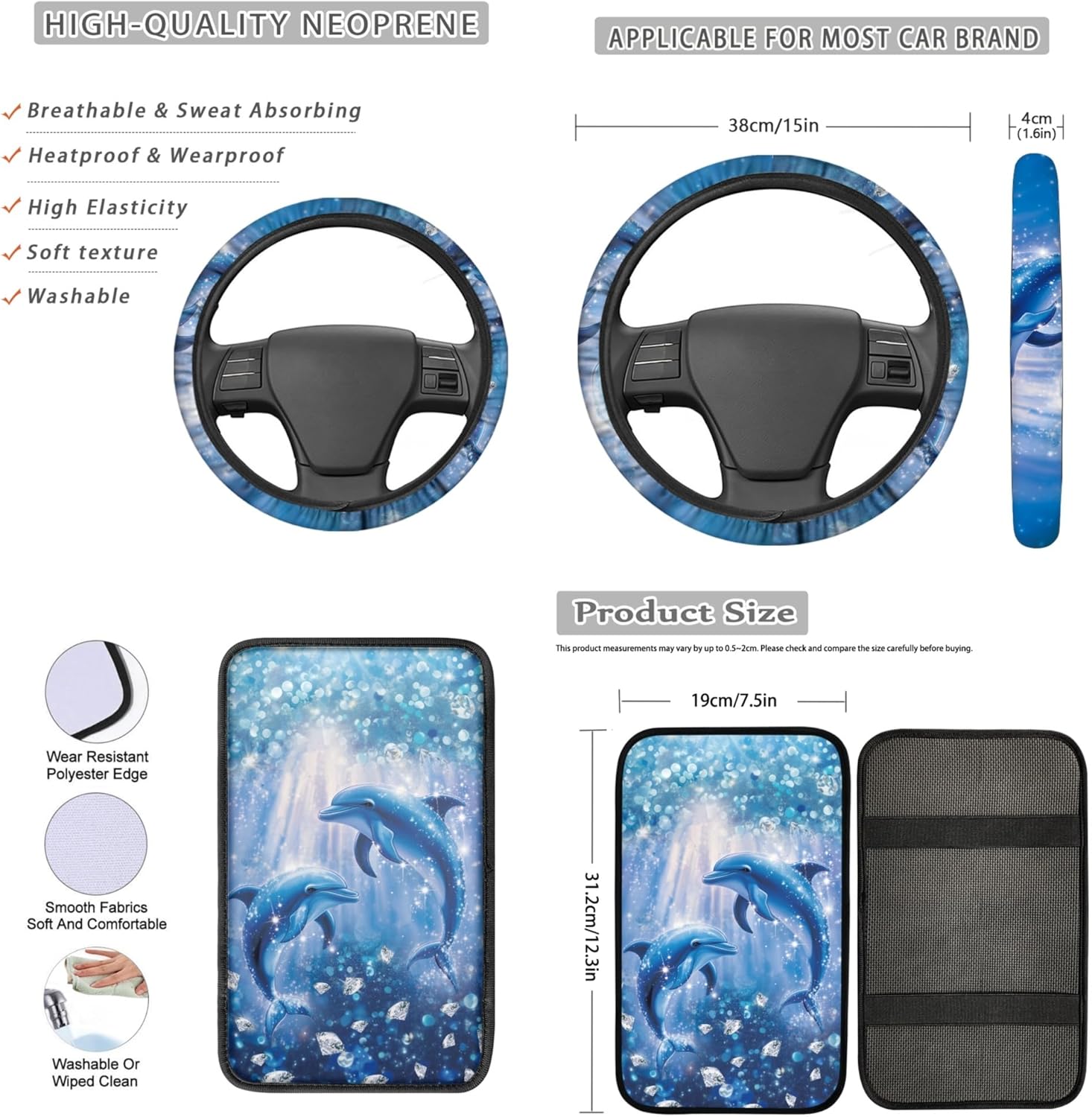 Cute Dolphin Car Seat Cover Full Set of 13 Steering Wheel Cover Seatbelt Pad Armrest Cover Cushion Coasters Key Chain for SUV Van Truck, Blue Automobile Accessory Decor Interior Sets