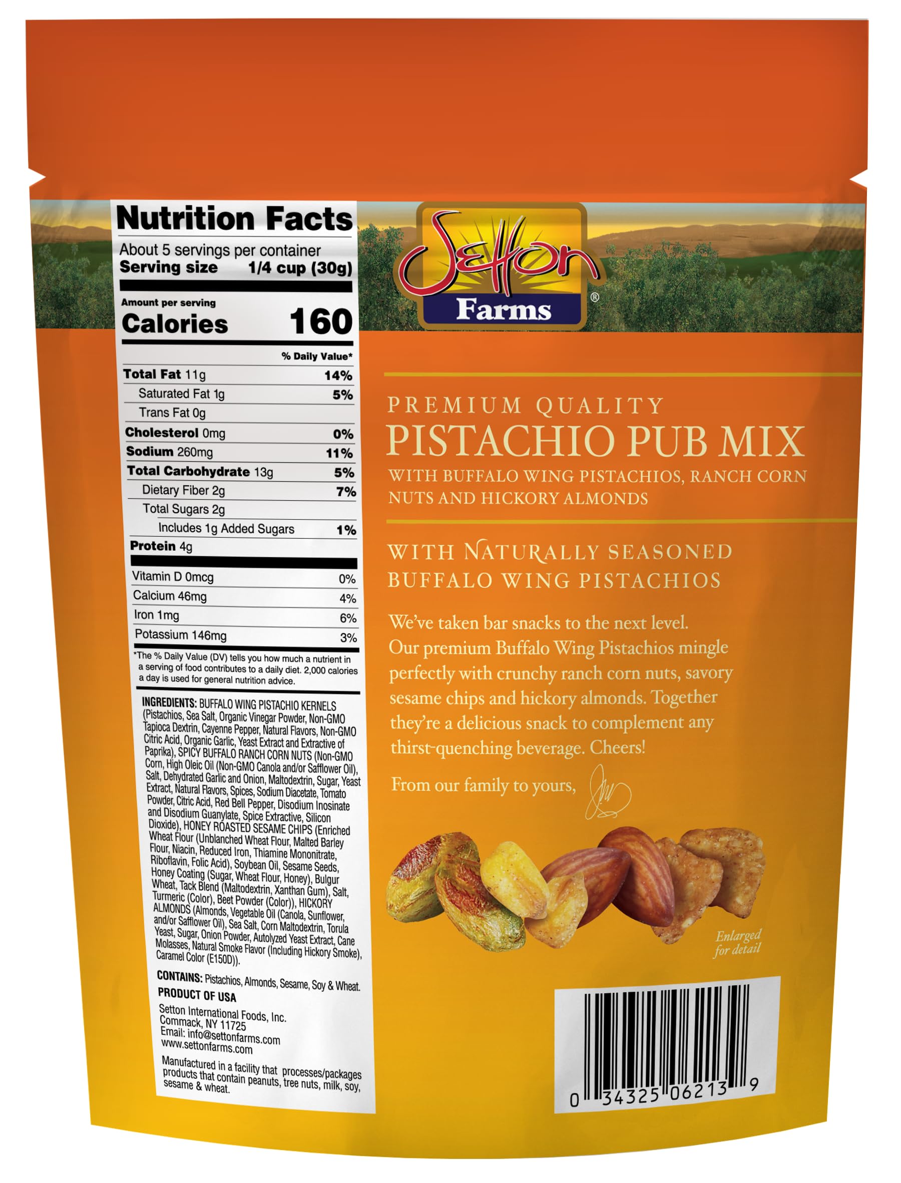 Setton Farms Pistachio Pub Mix Sac de 140 g avec pistaches Buffalo Wing Pistaches, noix de maïs ranch, chips de sésame rôties au miel et amandes au caryer