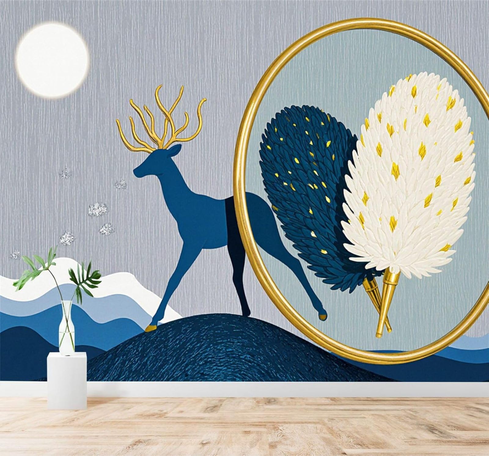 XLMING Blue Deer Golden Antlers Feathers Moonlight Landscape 3D Wallpaper Silky Texture Home Study Office Grey Dining Room Sofa Bedroom Living Room TV Backdrop-430cm×300cm