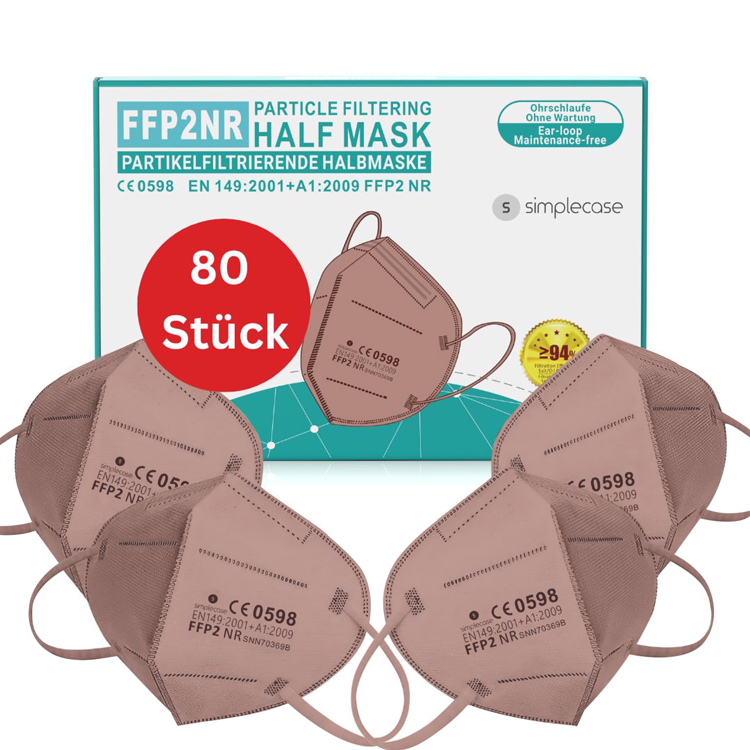 Simplecase - 80 mascherine FFP2, certificate dall'organismo designato ufficialmente 0598, respiratore, maschera per filtro antiparticolato