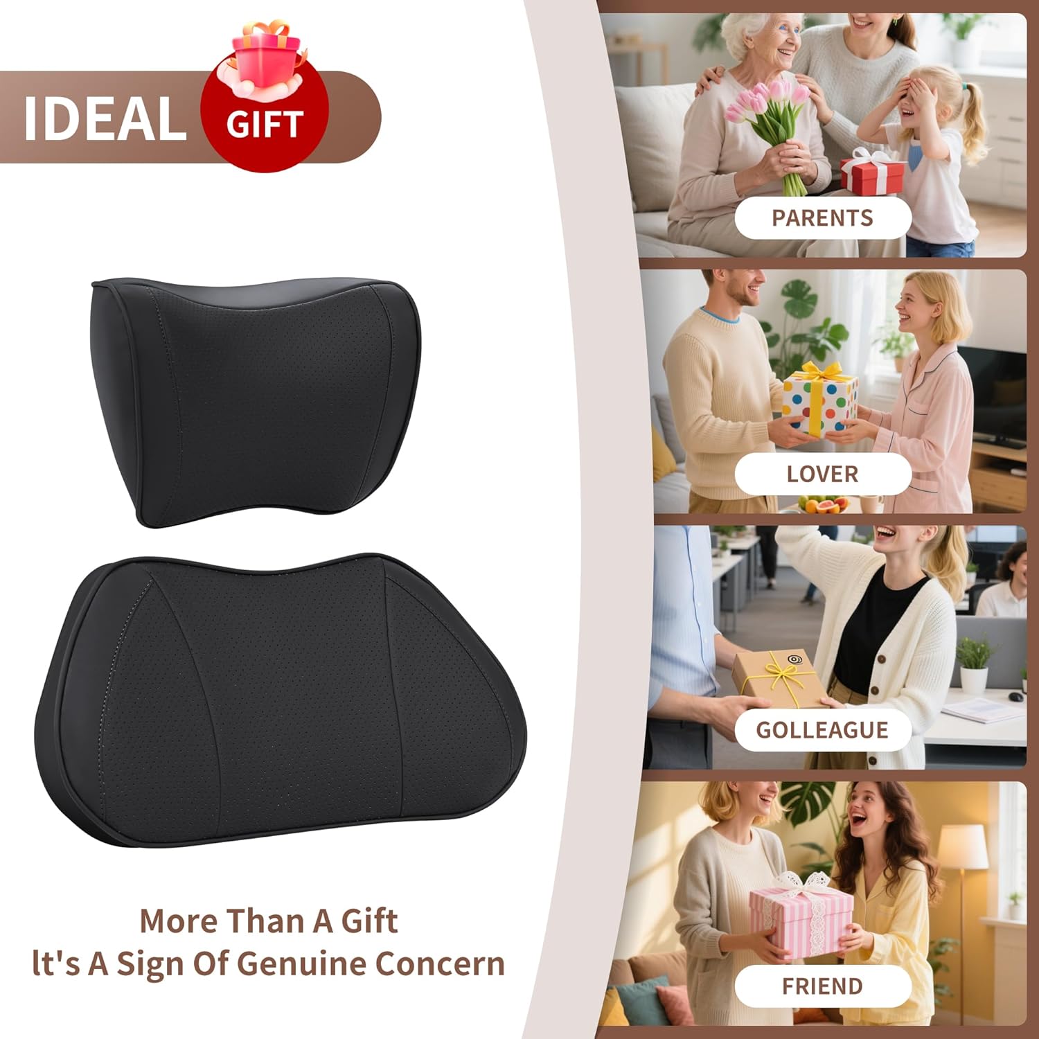 Lumbar Support Pillow for Car, Premium Leather Memory Foam Lumbar Cushion for Lower Back Pain Relief, Universal Back Support for Driving, Home & Office Chairs, Black, 1 Pack