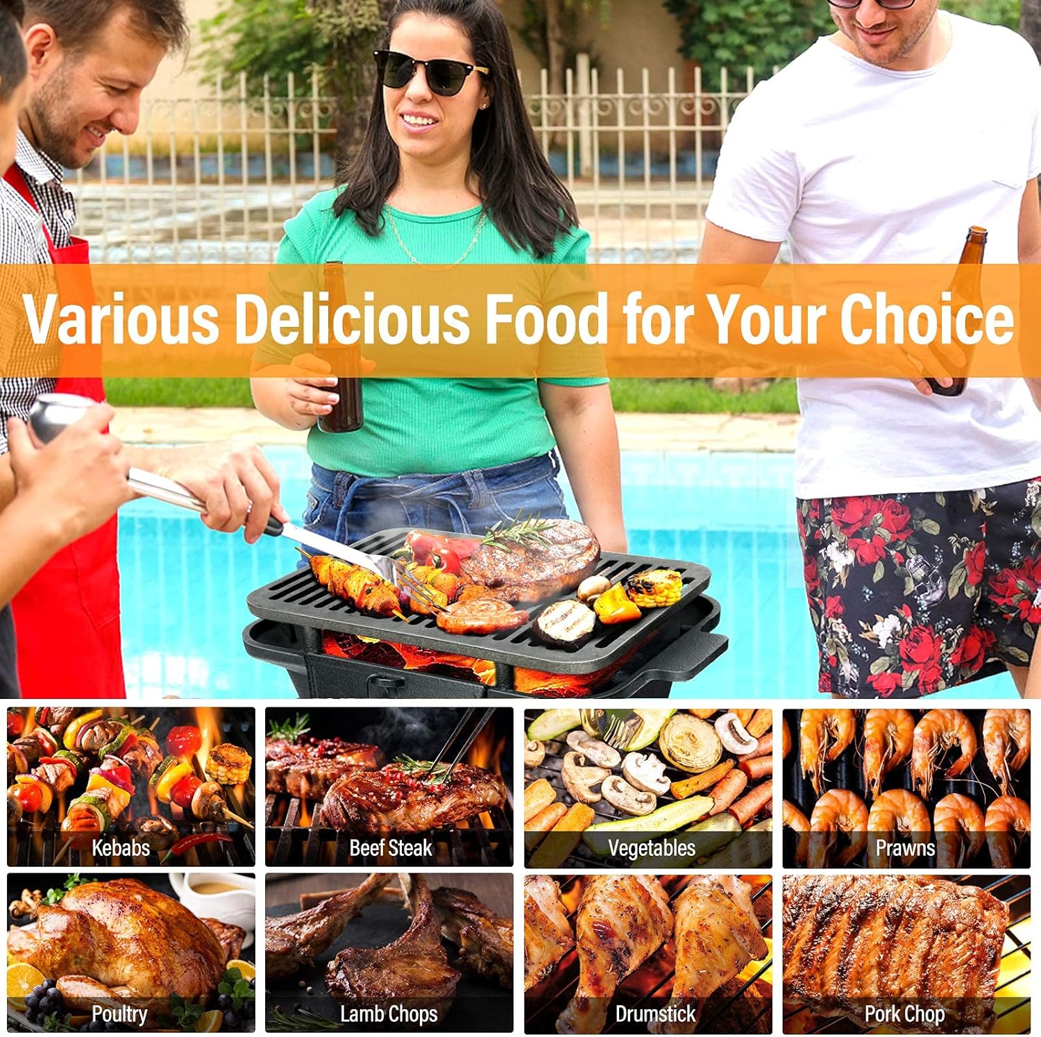 Happygrill Charcoal Grill Portable Barbecue Smoker Grill, Cast Iron Hibachi Grill with Double-sided Grilling Net Air Regulating Door Fire Gate for Outdoor Cooking Camping Hiking Party