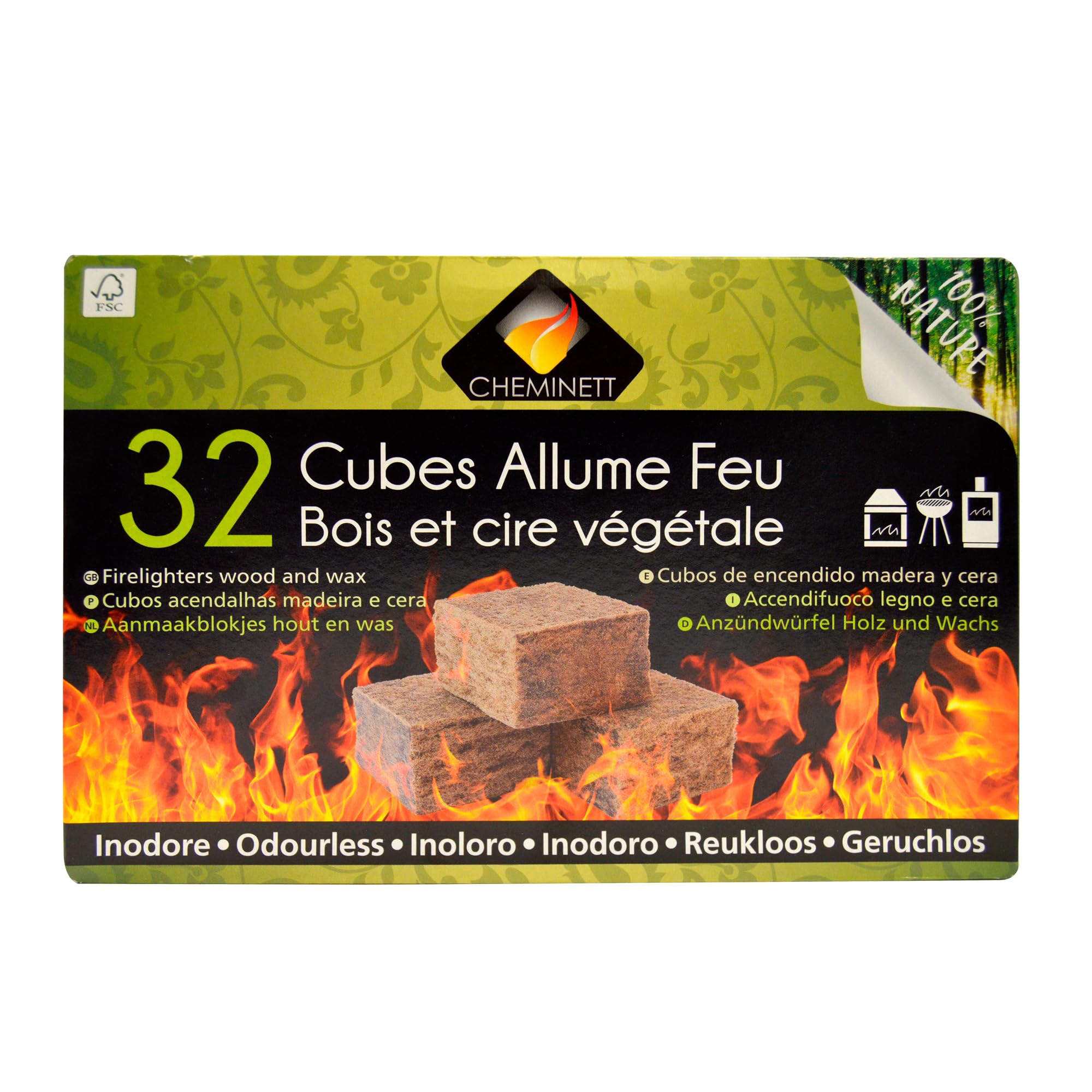 15751-32 Cubos Encendido precortados Cheminett naturales para encender chimeneas, estufas y barbacoas