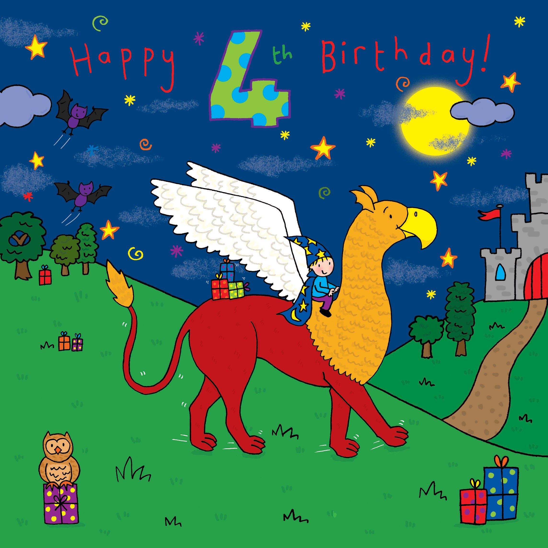 Twizler 4th Birthday Card for Boy - Magical Creature, Castle and Swarovski Crystal Finish - Four Year Old – Age 4 – Childrens Birthday Card - Boys Birthday Card - Happy Birthday Card