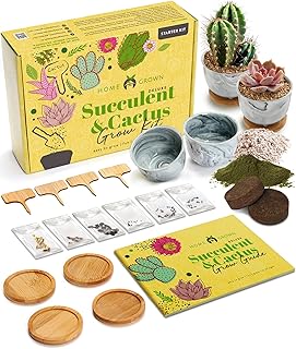 Deluxe Succulent & Cactus Seed Grow Kit - Complete Indoor Cactus & Succulent Kit w/Cactus Seeds, Potting Soil, Ceramic Succulent Pots, Water Drip Trays, Grow Guide