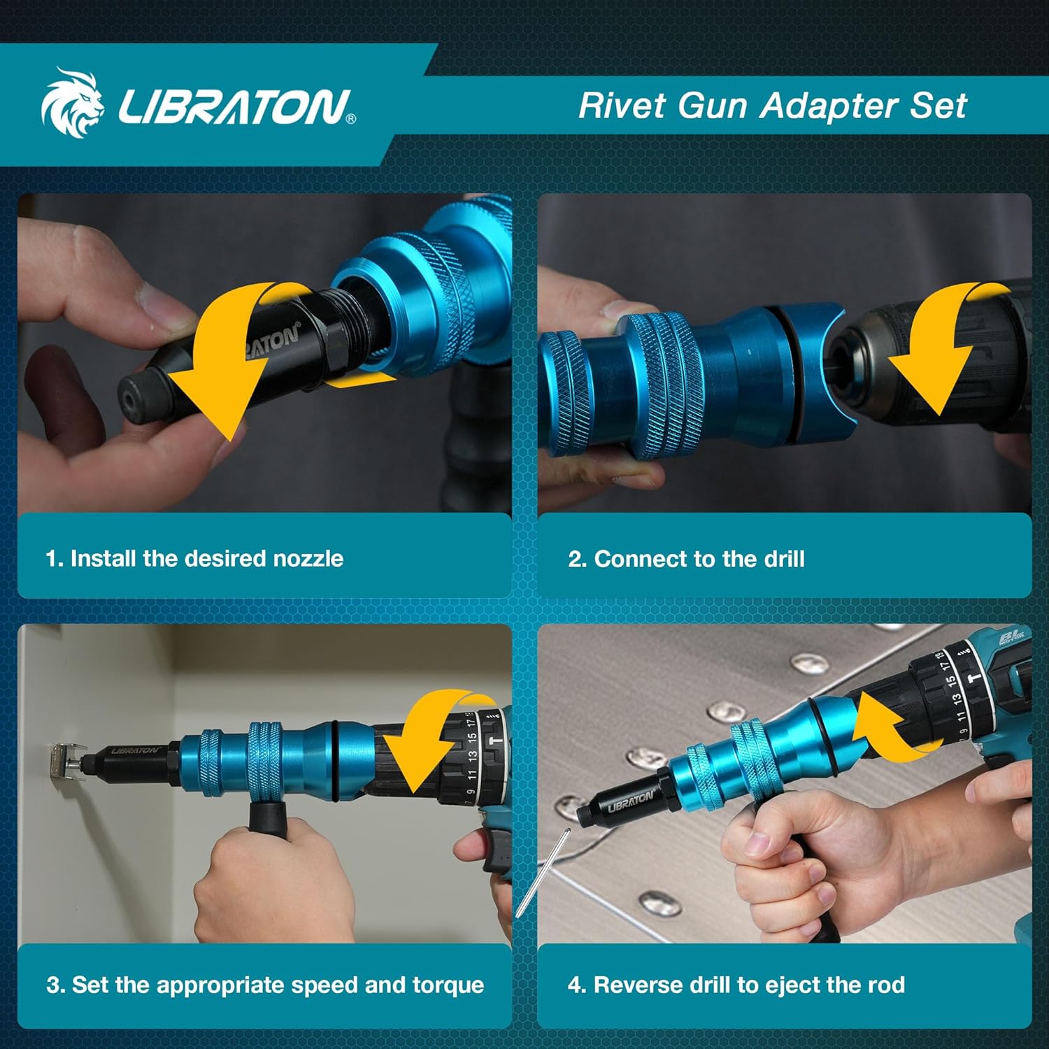 Libraton Rivet Gun Adapter, Rivet Gun Adapter for Electric Drill, Rivet Drill Attachment, for Cordless Electric Power Drill, with Handle, Easy processing for Pop Rivets, 3/32" 1/8" 5/32" 3/16"