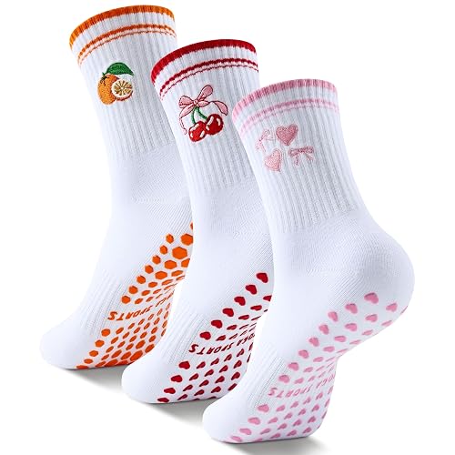 Belloxis Pilates Grip Socks for Womens 3 Pair Yoga Non Slip Socks Cute Non Skid Athletic Crew Sticky - Multi-pink - 6 - 9