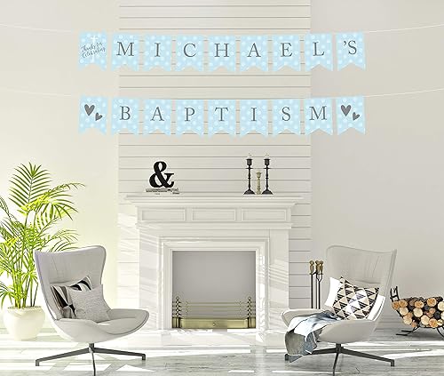 Miniatura 4 de Andaz Press Colección de bautismo de niño azul y gris, banderín colgante personalizado con cuerda, agradecimiento por celebrar el bautismo de