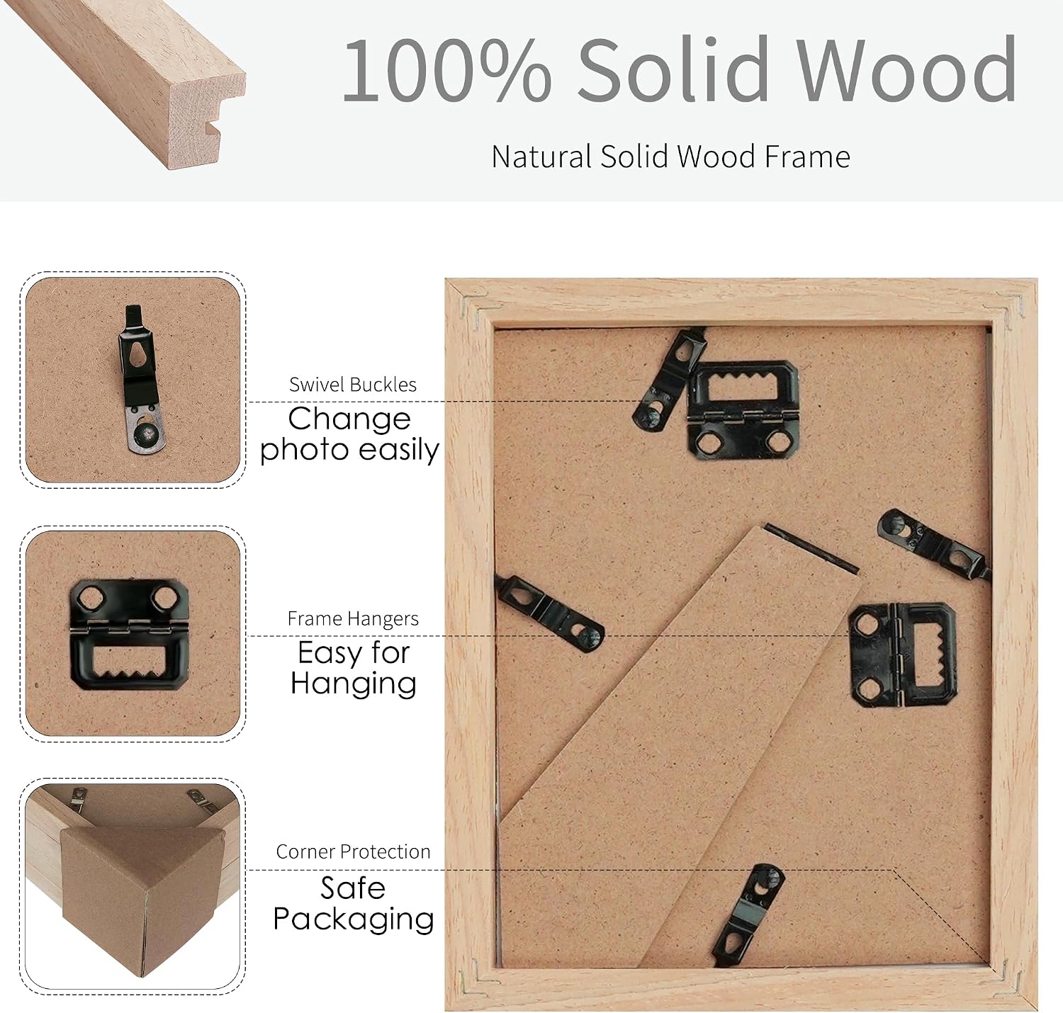 5x7 Set of 4 Solid Wood Picture Frame, Natural Wood Photo Frame with Double mats, Display 4x6 or 3.5x5 with paper mat, 5 by 7 without mat, Oak wood grain Picture Frame with HD Real Glass