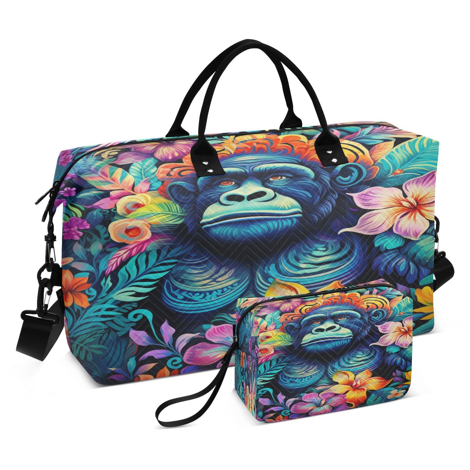 Flower Pattern Chimpanzee Sports Swim Gym Bag Weekender Duffel Travel Bags Handbag with Makeup Storage Bag for Girls Men