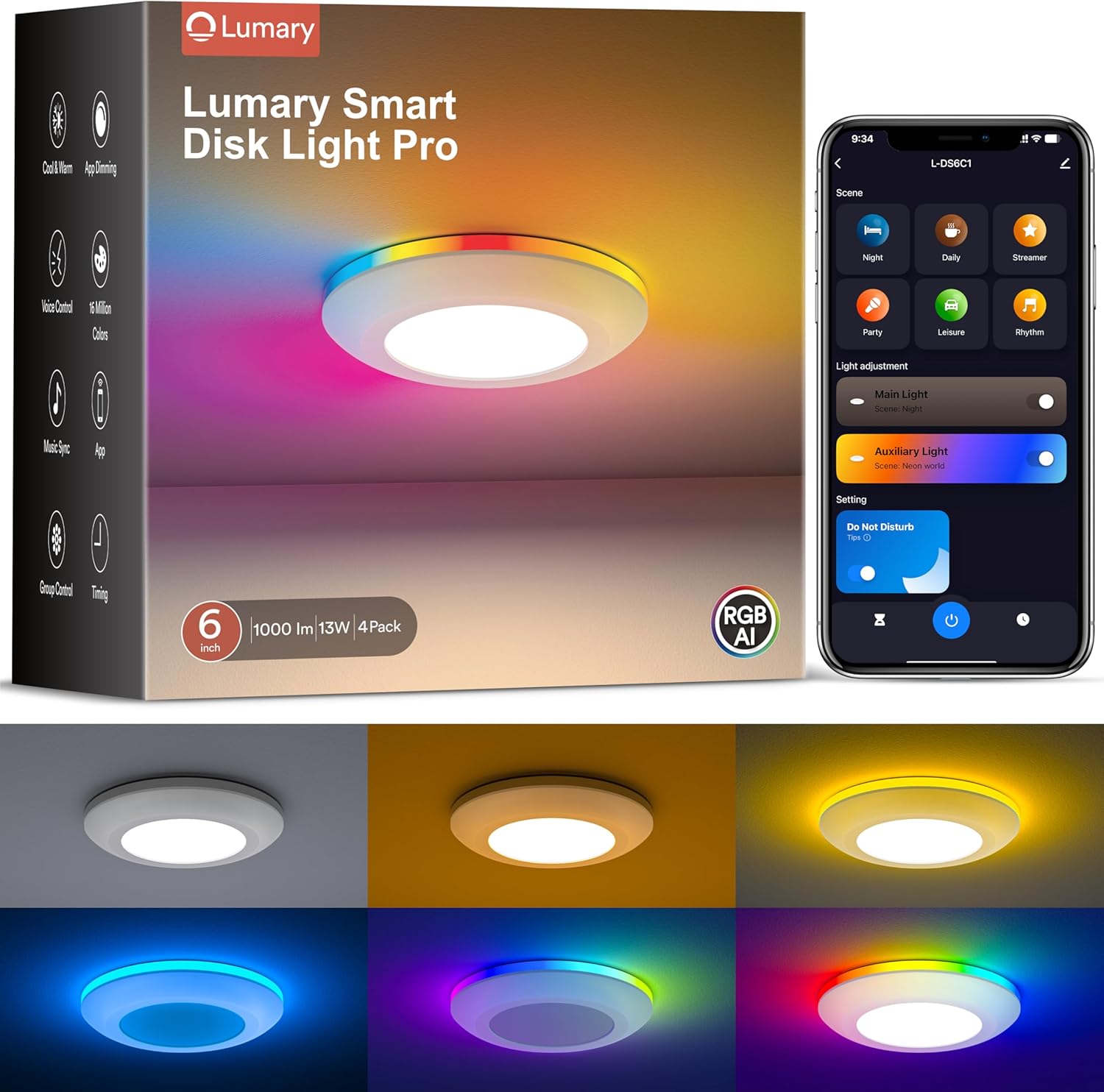 Lumary 5/6 Inch Smart Led Disk Light Pro, Color Changing WiFi Smart Recessed Lighting with RGBAI Ring, Flexible Install Flush Mount Ceiling Light, Compatible with Alexa/Google Assistant, 4Pack