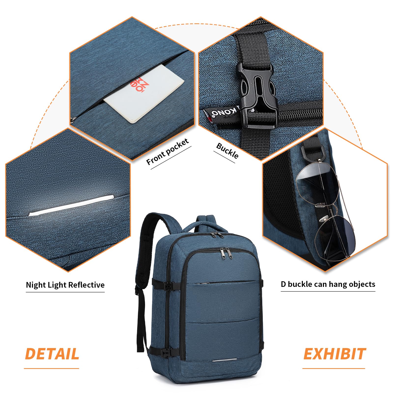 KONO Kabinentasche Untersitz Handgepäck Rucksack 45 x 36 x 20 cm Große Kapazität Reiserucksack, Navy, Marineblau (Unter dem Sitz)