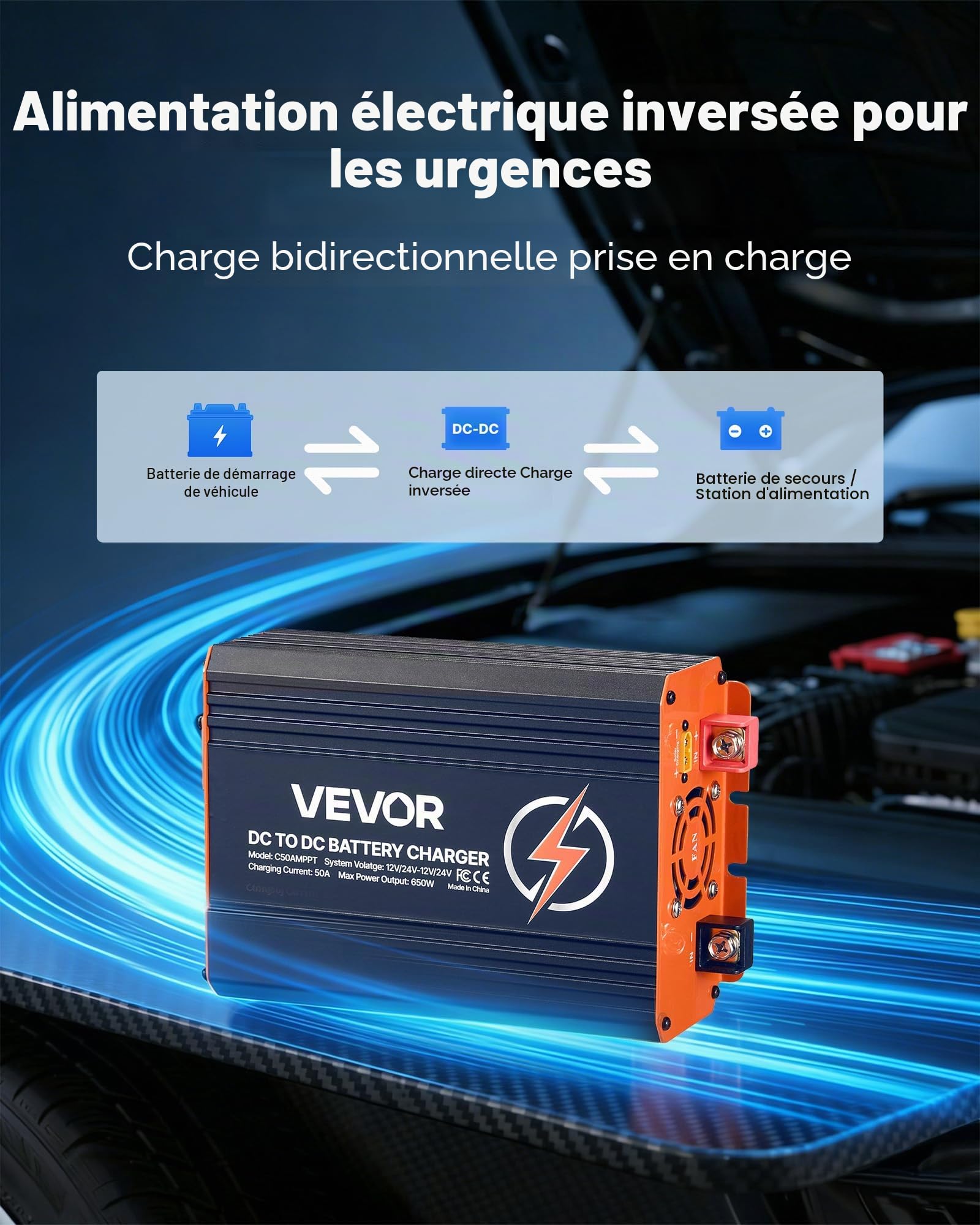 VEVOR Chargeur DC-DC avec MPPT 650 W 50 A Chargeur de Batterie DC-DC 12 V/24 V-12 V/24 V Double Entrée Panneau Solaire/Alternateur pour Camping-Car Voiture Bateau, Compatible avec LiFePO4 Plomb-Acide