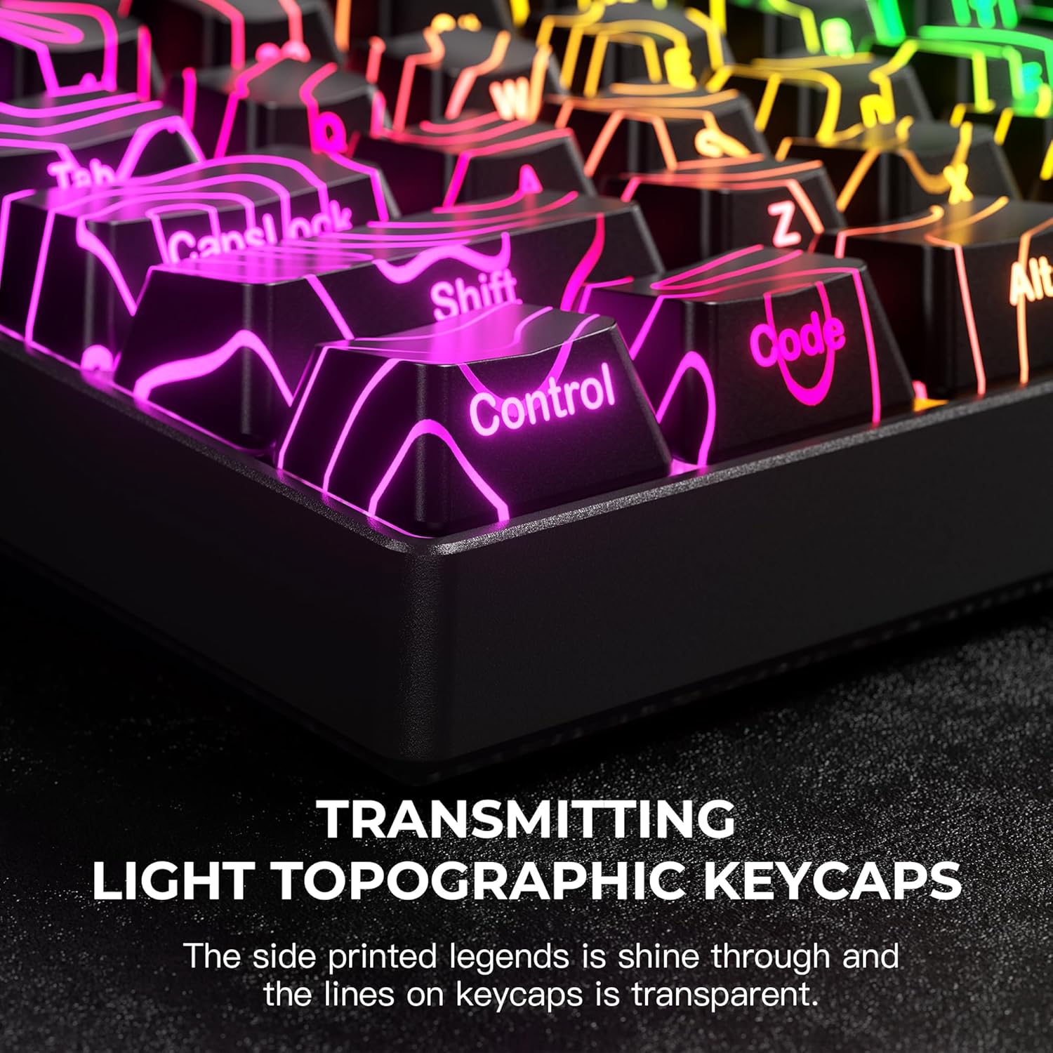 XVX Black Topographic Shine Through Keycaps, Backlit Gaming Keycap Set with OEM Profile, Side Printed Keyboard Key caps Suitable for 60% 65% 75% 80% 96%100% MX Switches Mechanical Keyboard