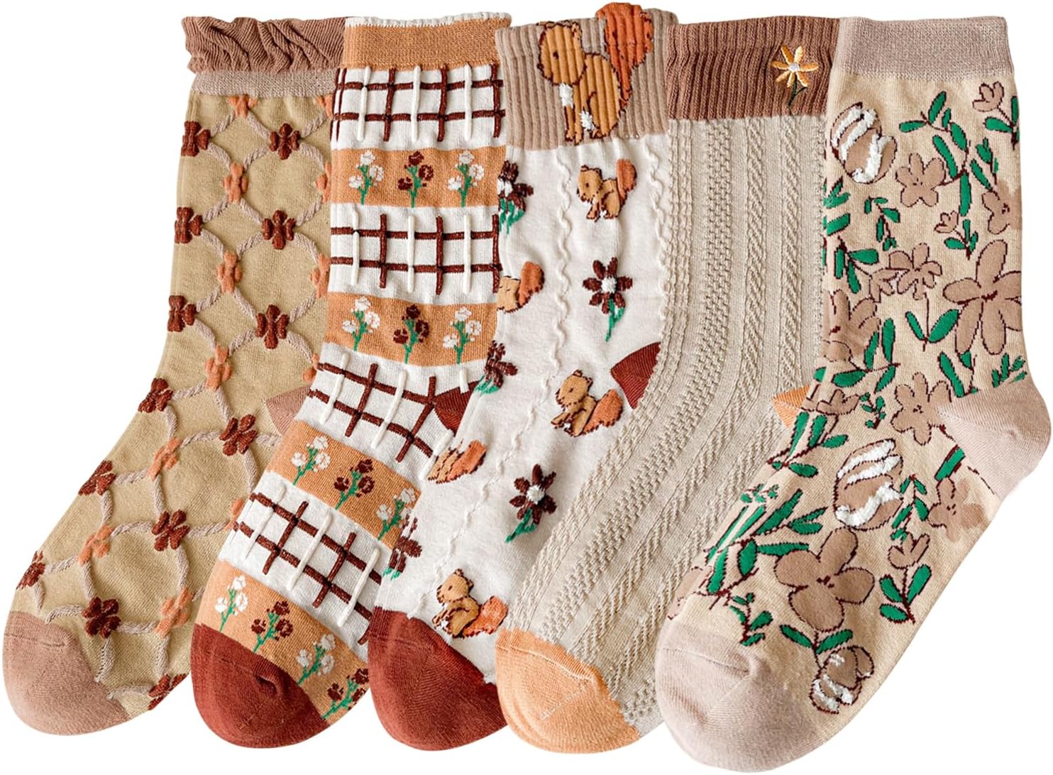 DXYAKY 5 Pairs Vintage Floral Crew Socks for Women, Soft Cotton Embroidered, Cottagecore Ruffle Socks for Casual & Dress Wear