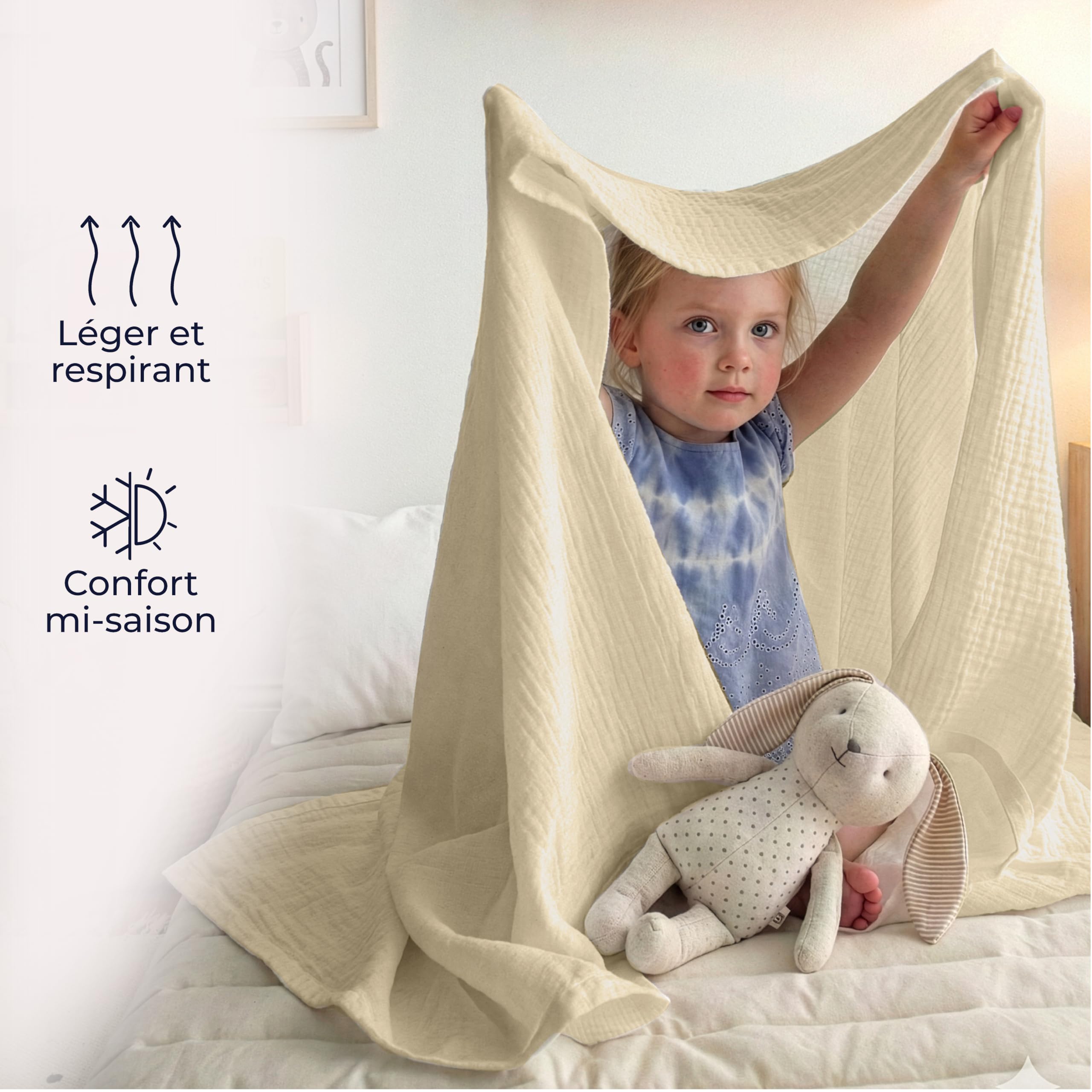 Dreamzie Couverture en Mousseline 127x177 cm - Couverture Coton légère été et Respirante pour lit et canapé - Plaid Gaze de Coton Oeko-Tex – Beige