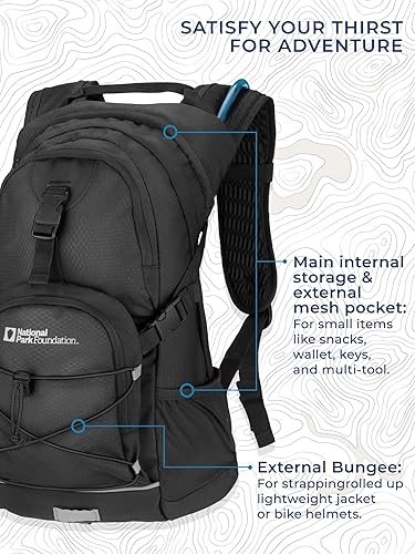 Miniatura 6 de National Park Foundation Mochila de hidratación de 18L con bolsa de agua hidráulica de 2 litros, mochila ligera para ciclismo, senderismo, correr,