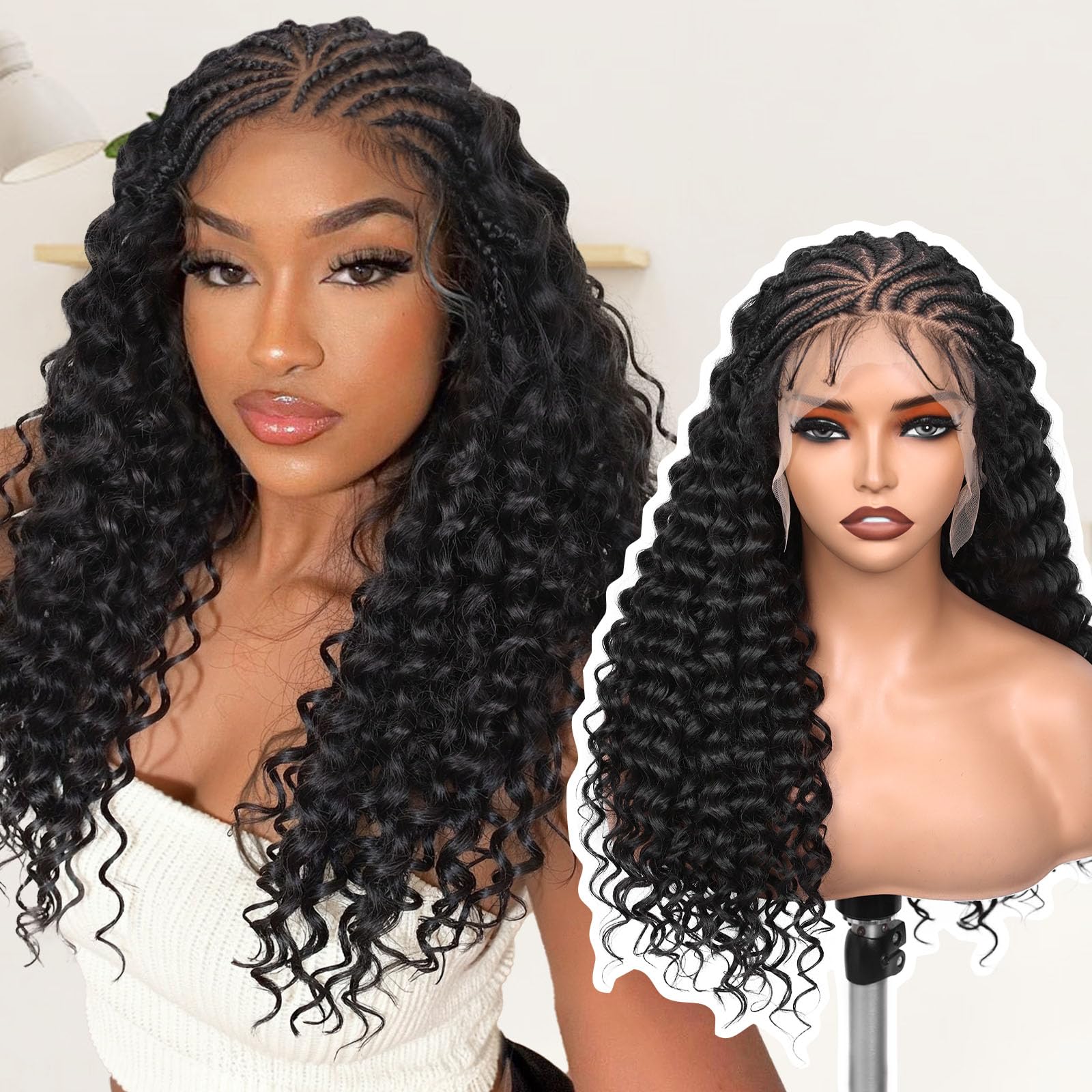 Photo 1 of FAVE Braided Wigs for Black Women 13×6 HD Lace Front Braided Wigs with Curly Hair Pre-Braided Handmade Cornrow Braids Glueless Braid Curly Wig with Natural Baby Hair 22 Inches