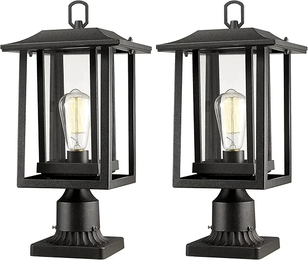 Beionxii Outdoor Post Lights, Large Exterior Lamp Post Light Fixture with Pier Mount Base, Black Cast Aluminum w/Clear Glass (19" x 9") - A197P-2PK (NOT Solar, 110-120V AC)