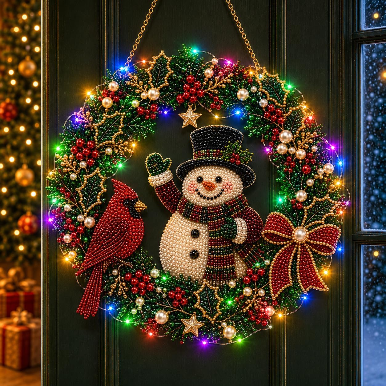 Diamond Painting Christmas Wreath With LED,Hanging Christmas Garland 25cm