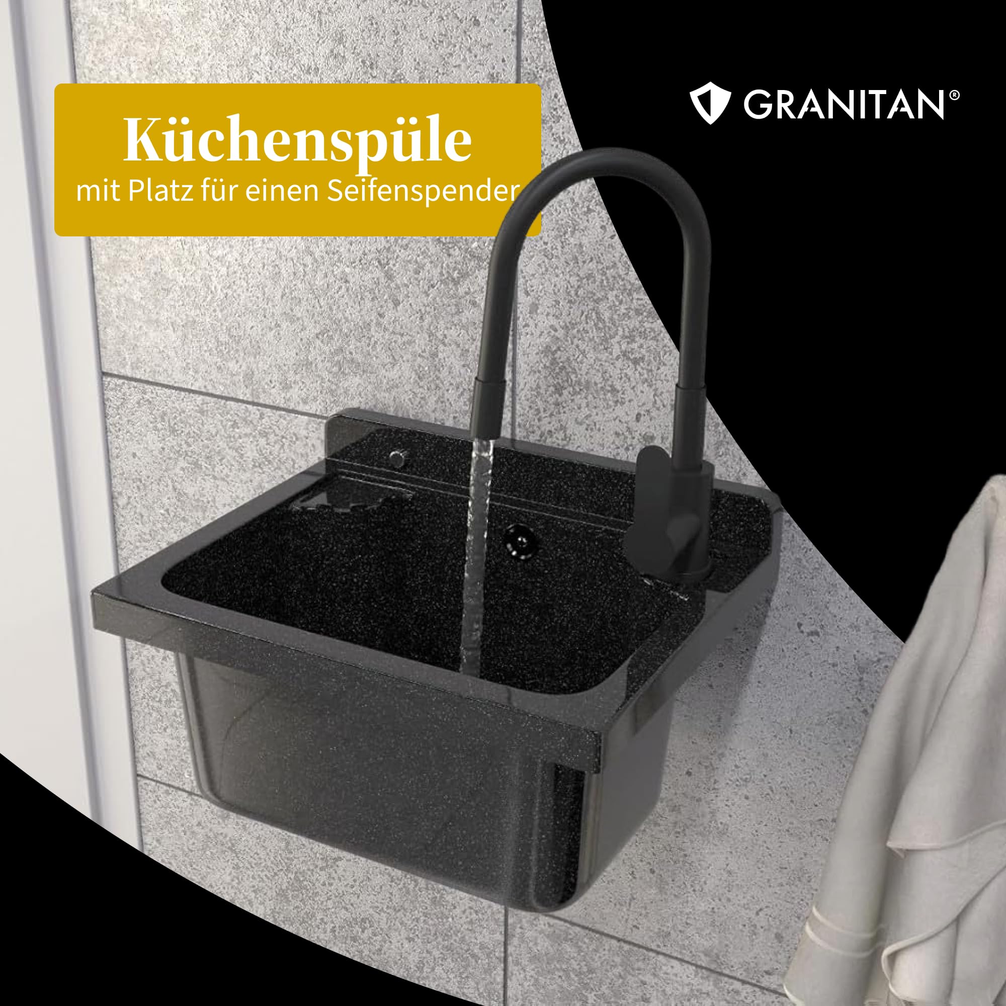 Ausgussbecken mit Mischbatterie undPlatz für Seifenspender Garage Keller Werkstatt und Waschküche - Universal Waschtrog mit Siphon - Waschbecken Wandmontage - 42x34x24 cm - Weiß - Granitan