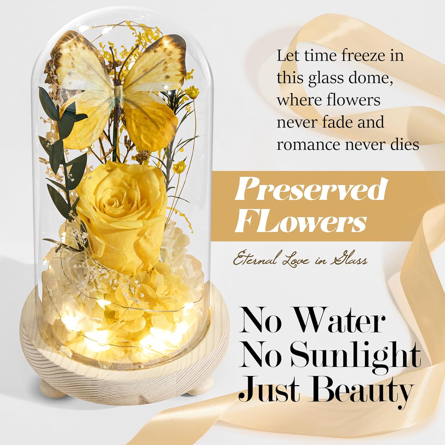 Forever Flowers Gifts for Mom Grandma Wife Girlfriend for Christmas, Preserved Flowers for Delivery Prime, Anniversary, Valentine's Day, Birthday for Her, Yellow Roses with Light in Glass Dome - Image 4