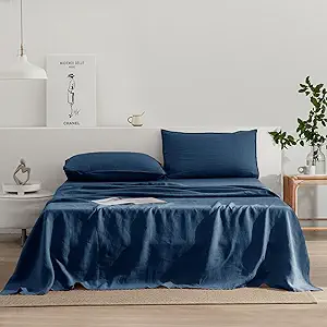 EVERLY Linen Sheets Set King Size,100% French Stonewash Pure Linen Bed Sheets,4Pieces (1Flat Sheet,1Fitted Sheet,2Pillowcase) Suitable for Hot Sleepers,Deep Pocket Natural Bedding Set-Navy Blue