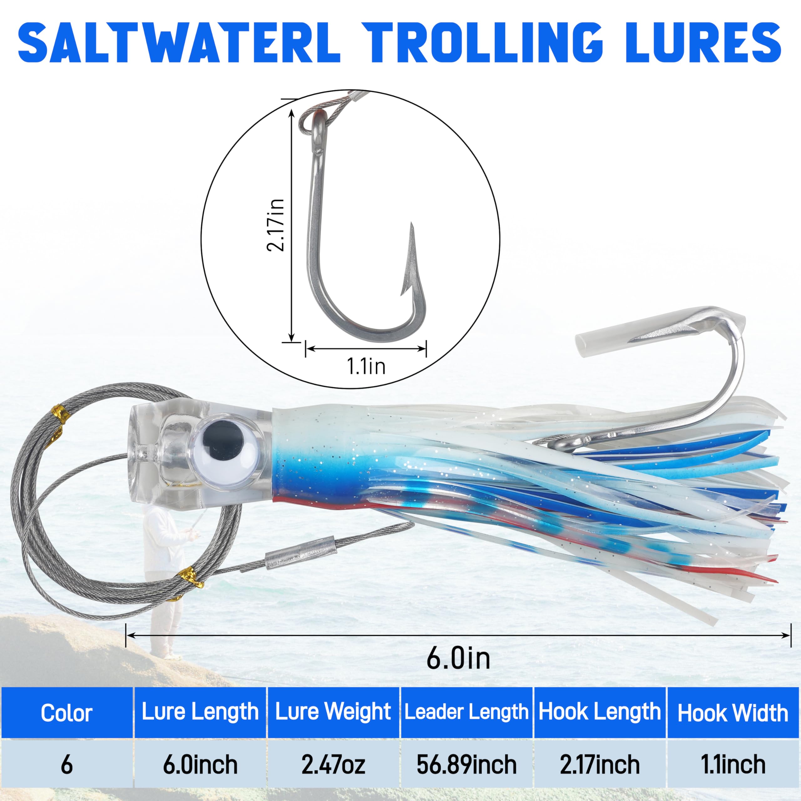 Salzwasser-Troling-Köder, 6 Stück, Trolling-Köder, Offshore, Großwild-Angelköder, Tiefsee, Tintenfisch, Röcke für Thunfisch, Mahi, Marlin, Delfin, Durado, Wahoo 1,5 cm