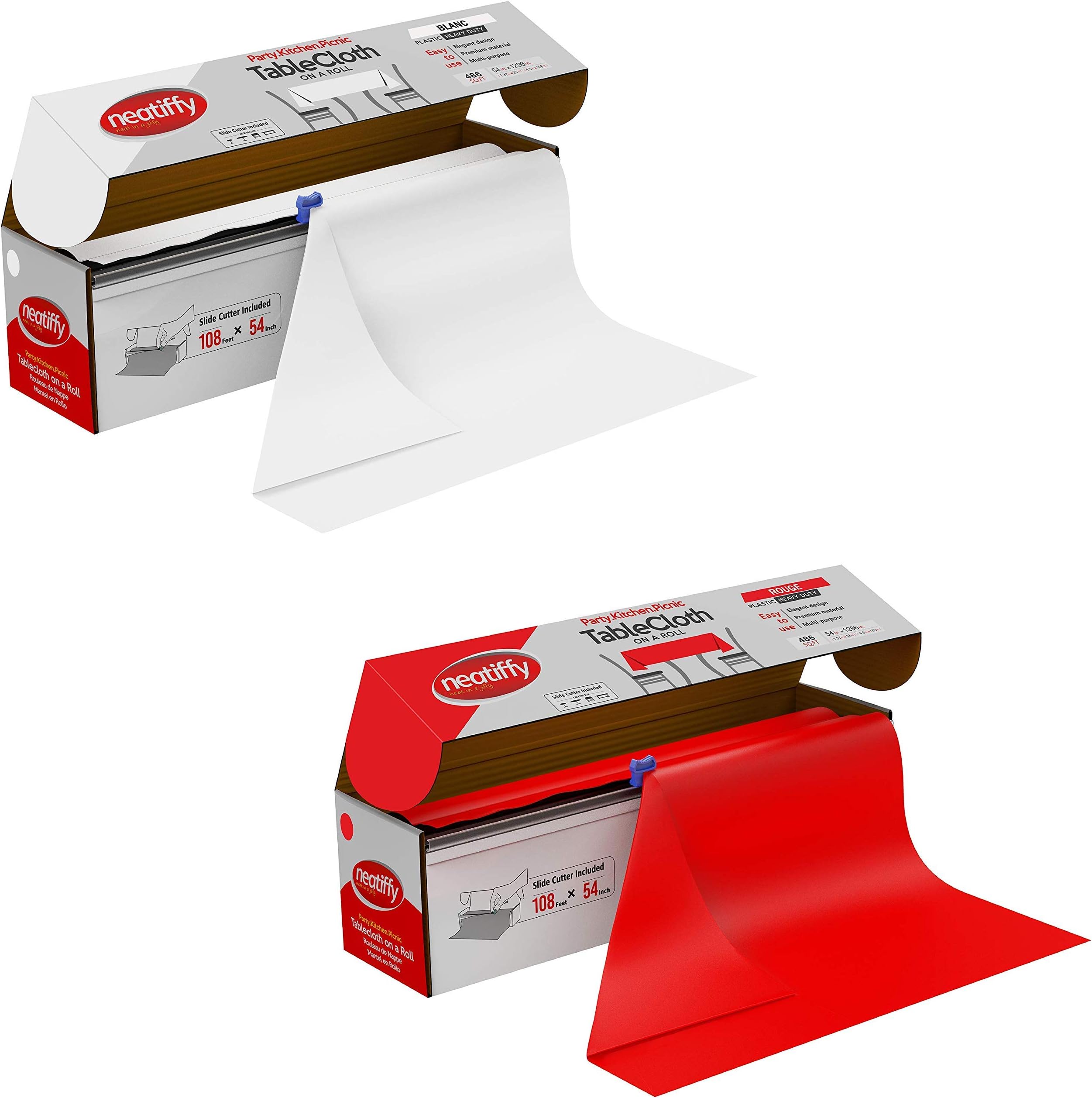 Neatiffy Disposable Plastic Table Cloth Roll | 54 in x 108 Ft Waterproof Tablecloth | Table Cover for Rectangle, Square, Round Oval Tables | Picnic, Party, Banquet-White, Red