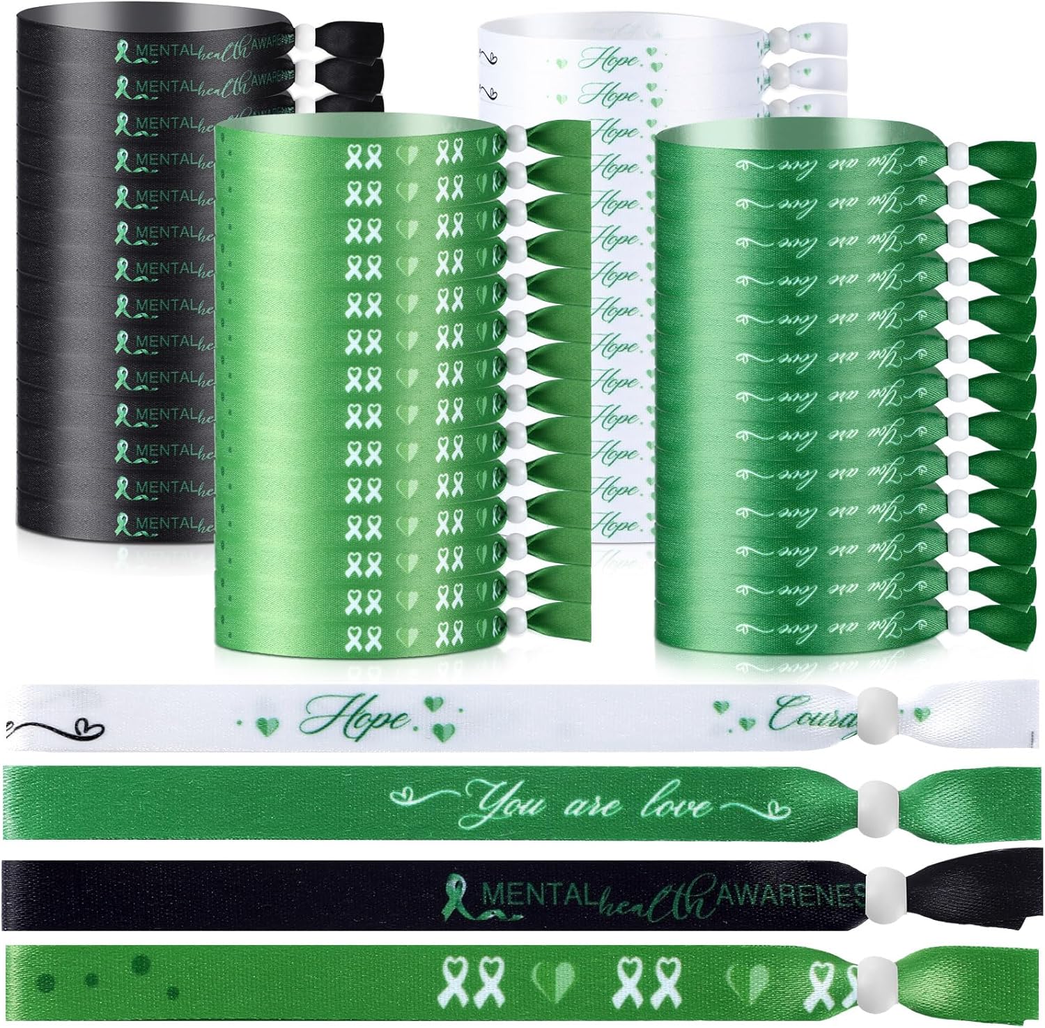 Gemscream 200 Pcs Mental Health Awareness Bracelet Bulk Green Ribbon Adjustable Motivational Mental Health Awareness Month Gifts Cloth Event Wristbands for Hope Courage Strength Men Women Fundraisers