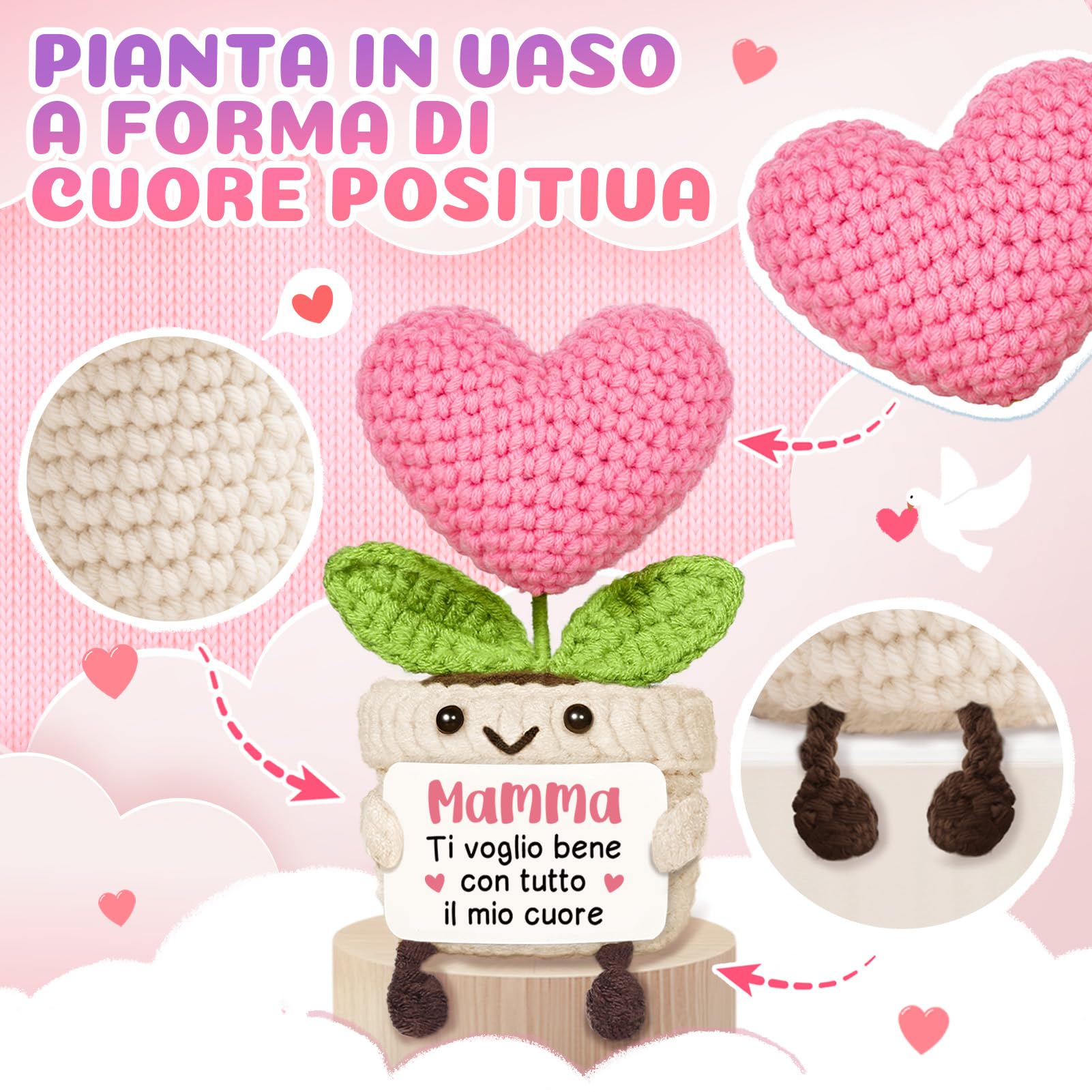 Regalo Mamma, Regalo Mamma Compleanno - Cuore Fiore all’Uncinetto di Supporto Emotivo, Idee Regali Mammina Natale