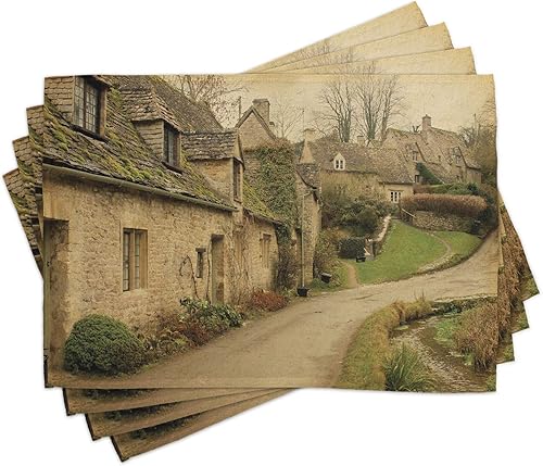 Ambesonne Juego de 4 alfombrillas europeas de pueblo británico con casas de piedra, impresión de imagen retro de edificios de campo de Inglaterra,
