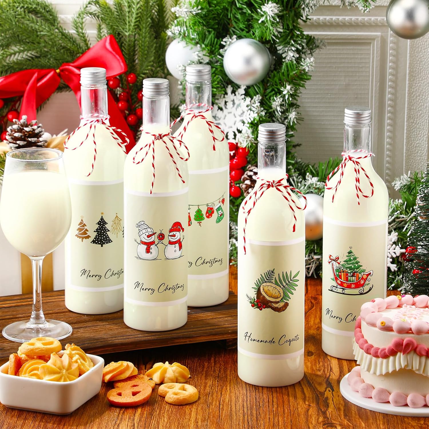 Havawish 20 Sets 25 oz Christmas Coquito Plastic Wine Bottles for Homemade 750ml Airtight Empty Clear Coquito Liquor Bottles with Lid and Labels Stickers for Holiday Gifts Home Decorations(Elegant)
