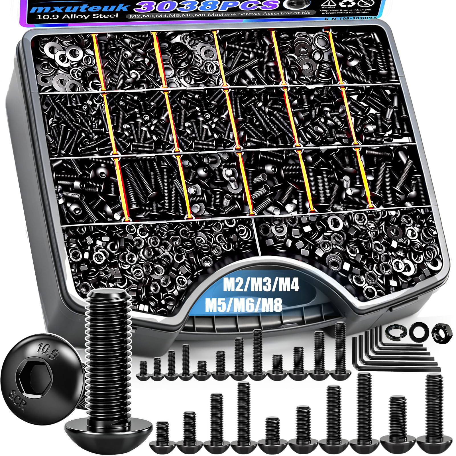 mxuteuk 720PCS M3 Screws Kit,M3×6/8/10/12/16/20mm M3 Screws Assortment Kits,12.9 Alloy Steel M3 Hex Socket Head Bolts Nuts Washers Set Suitable for 3D Printer,DIY — Amazon image 23