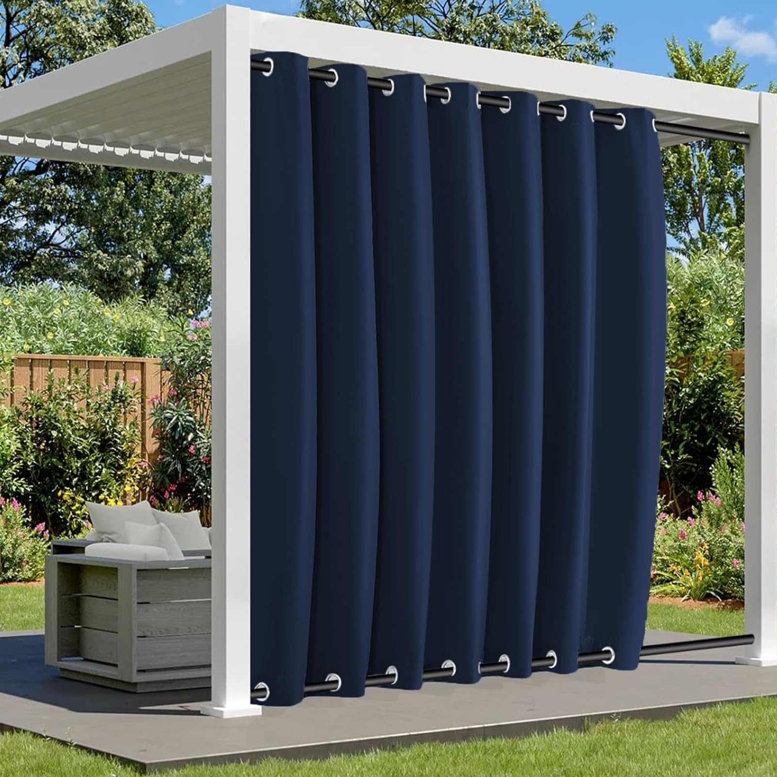BliRiki Waterproof Outdoor Curtains for Patio, Weatherproof Blackout Curtain with Top and Bottom Grommets, Thermal Insulated Privacy Outsides Curtain for Porch Pergola, 1 Panel, W100 xH108, Navy Blue