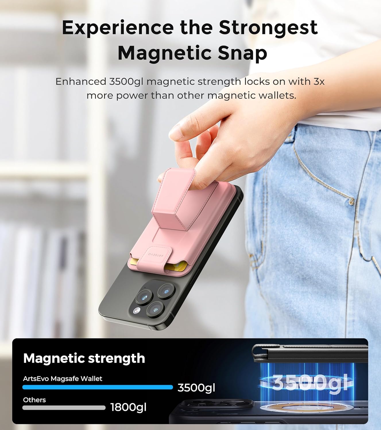 ArtsEvo Magnetic Wallet with Stand and Finger Loop, Up to 3,000g Magnet Strength, Compatible with iPhone Magnetic Wallet for iPhone 17/16/15/14/13/12 Series (Not for 13/12 Mini). Max 3 Card Holder - Image 3