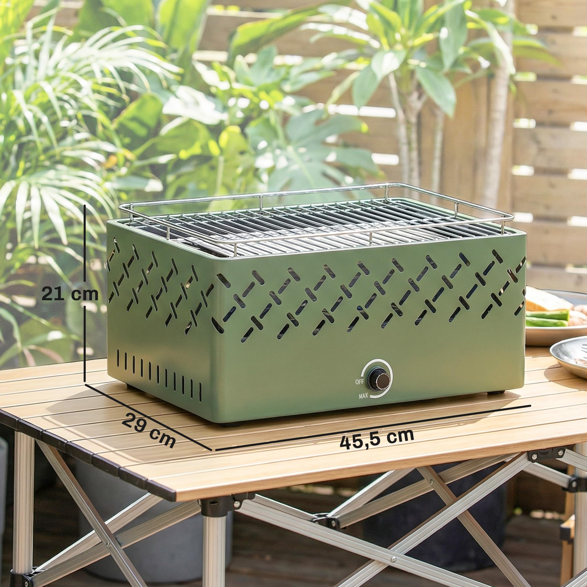 Outsunny Barbacoa de Carbón, Barbacoa Portátil, 45,5x29x21 cm, con Ventilador Integrado, Temperatura Ajustable y Bandeja de Carbón, para Camping, Picnic, Fiesta en Jardín, Verde Claro